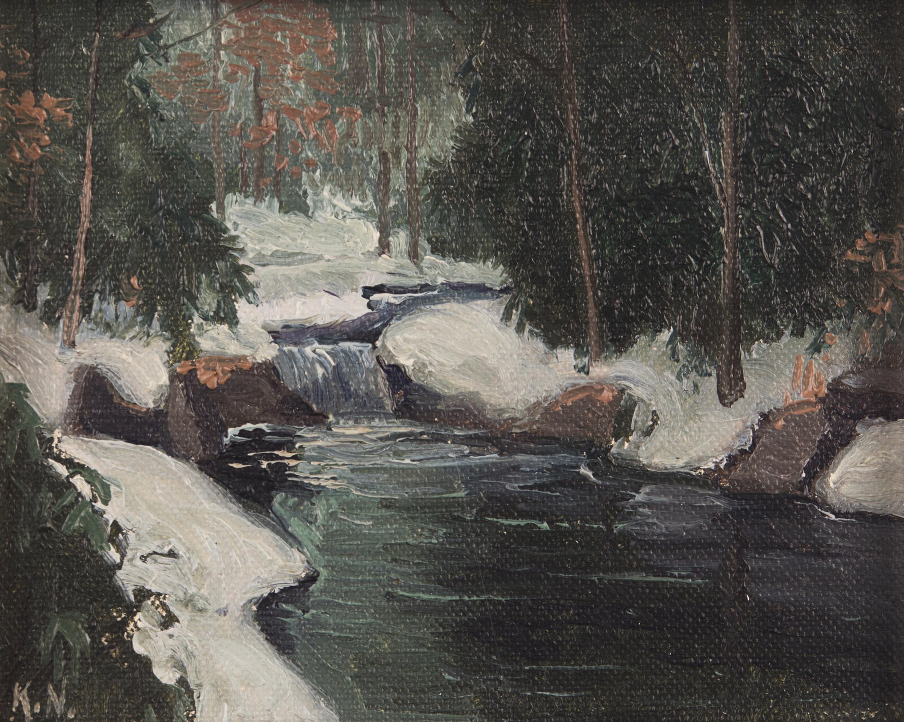 Kenneth R. Nunamaker (American, 1890-1957) and Alfred Nunamaker (American, 1915-1988) — Christmas Morning, Autumn, and The Brook (Three Works by Kenneth R. Nunamaker) ; together with Waterfall and Winter Brook (Two Works by Alfred Nunamaker)