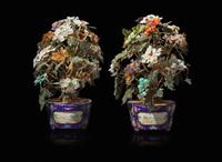 A pair of Chinese hardstone and enameled metal floral jardinières 寶石盆栽一對