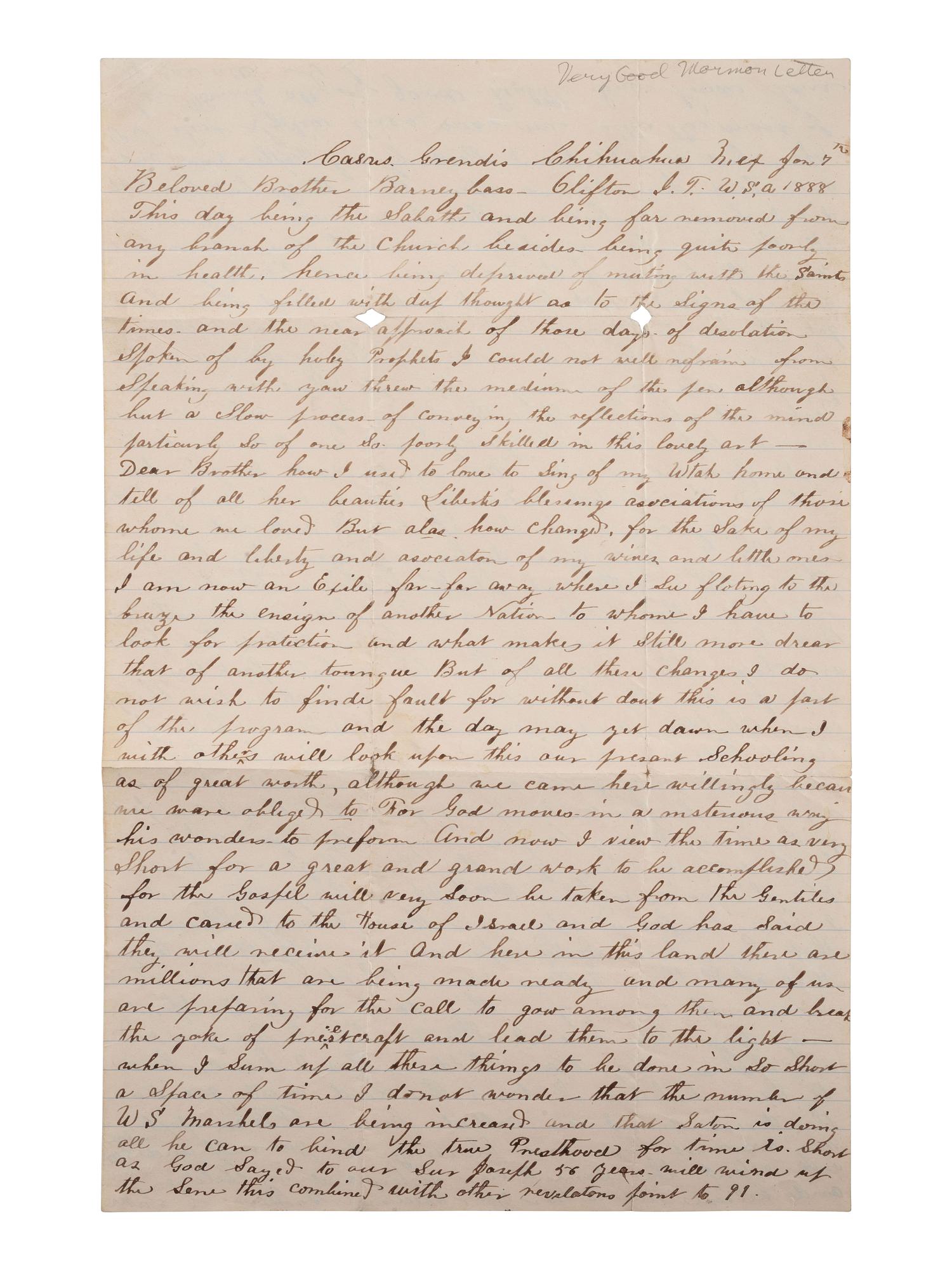 [MORMONS]. Letter from a polygamist Mormon living in exile in "Chihuahua Mex," 7 January 1888.