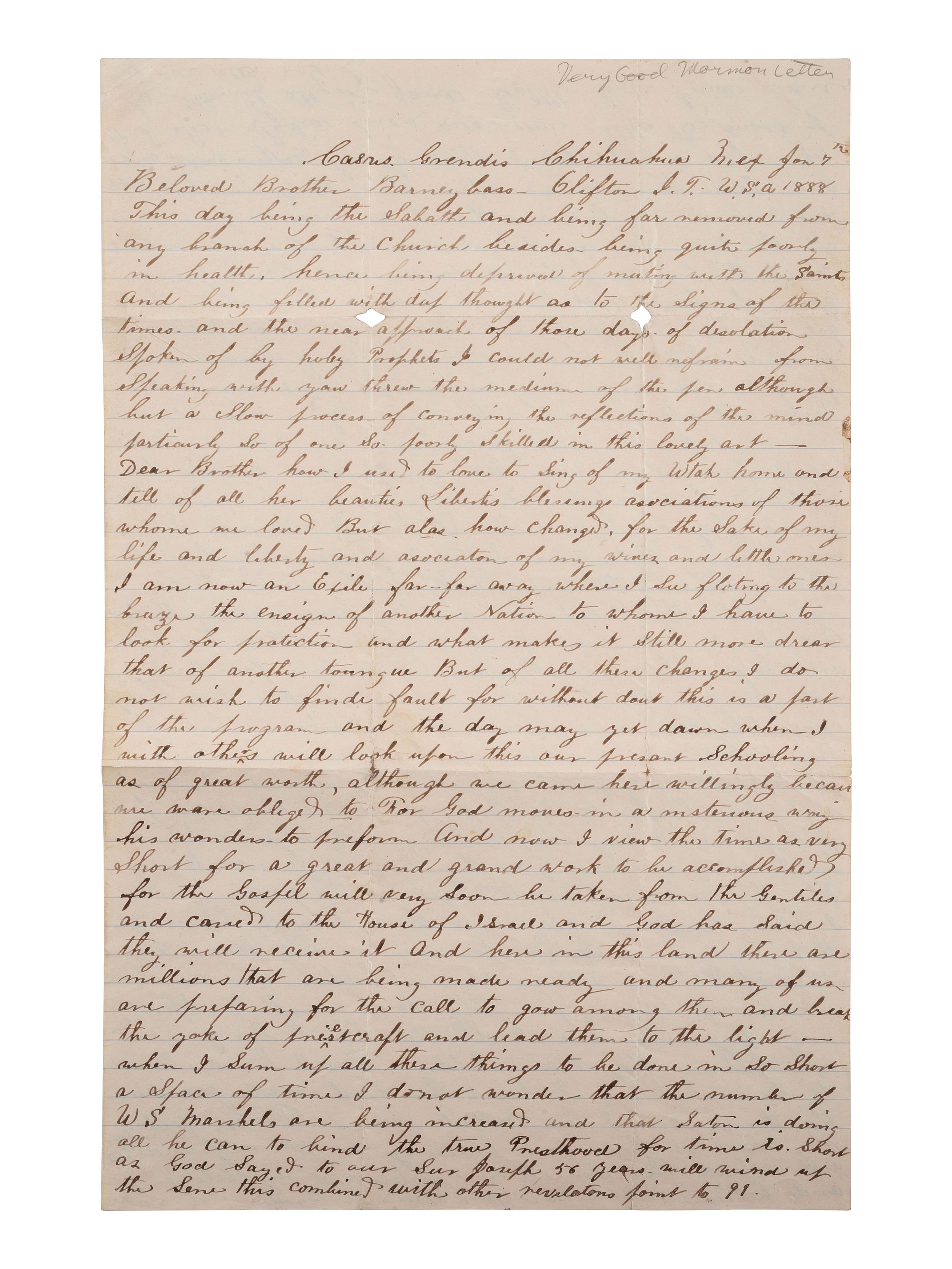 [MORMONS]. Letter from a polygamist Mormon living in exile in "Chihuahua Mex," 7 January 1888.