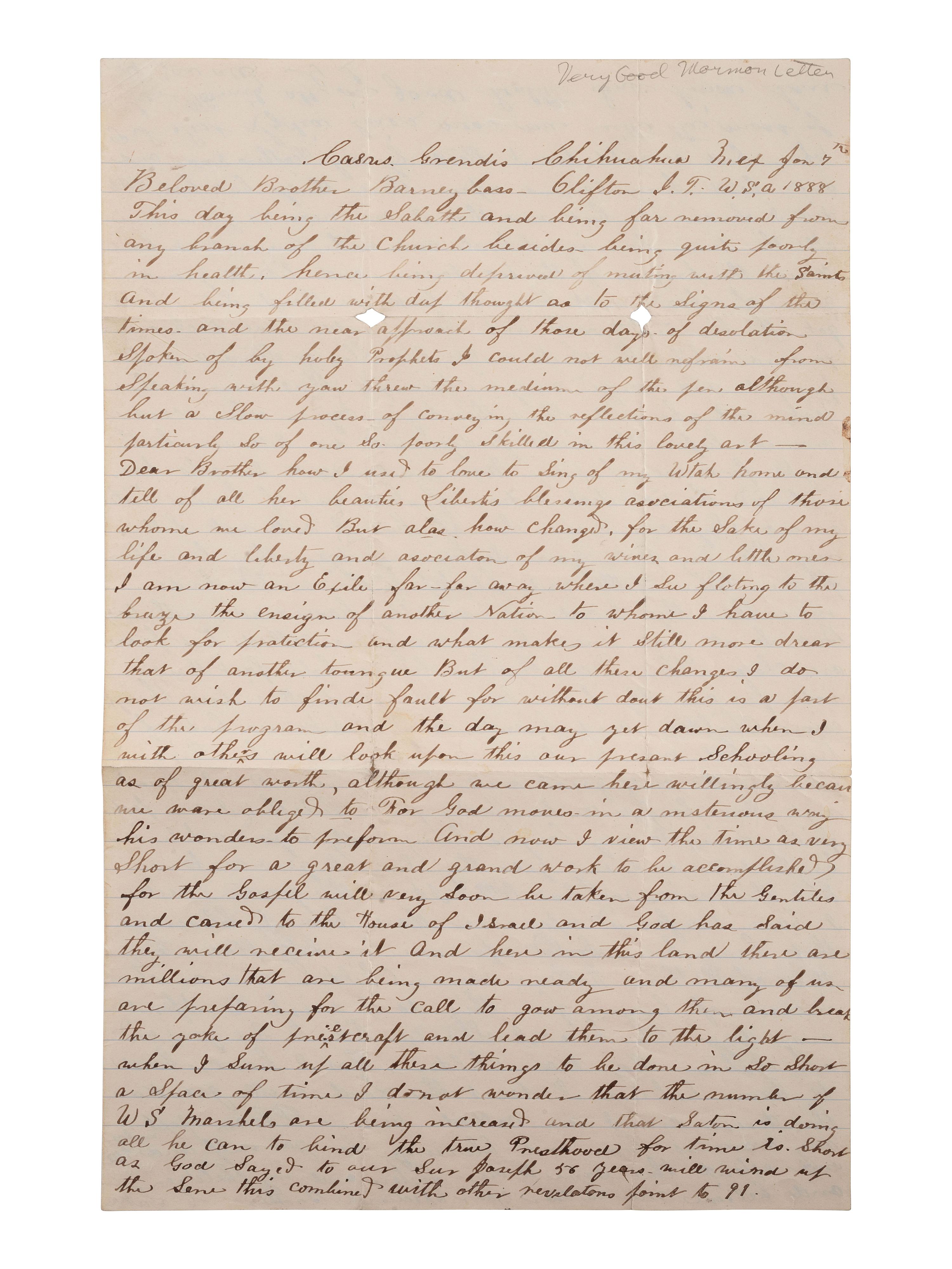 [MORMONS]. Letter from a polygamist Mormon living in exile in "Chihuahua Mex," 7 January 1888.