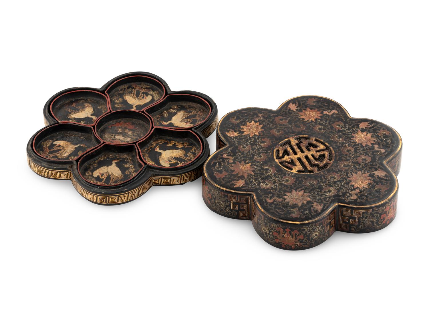 A Chinese Painted Black Lacquer Floriform Covered Box