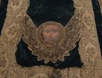 An Italian Carved Giltwood Hinged Top Reliquary and Embroidered Velvet Cloth