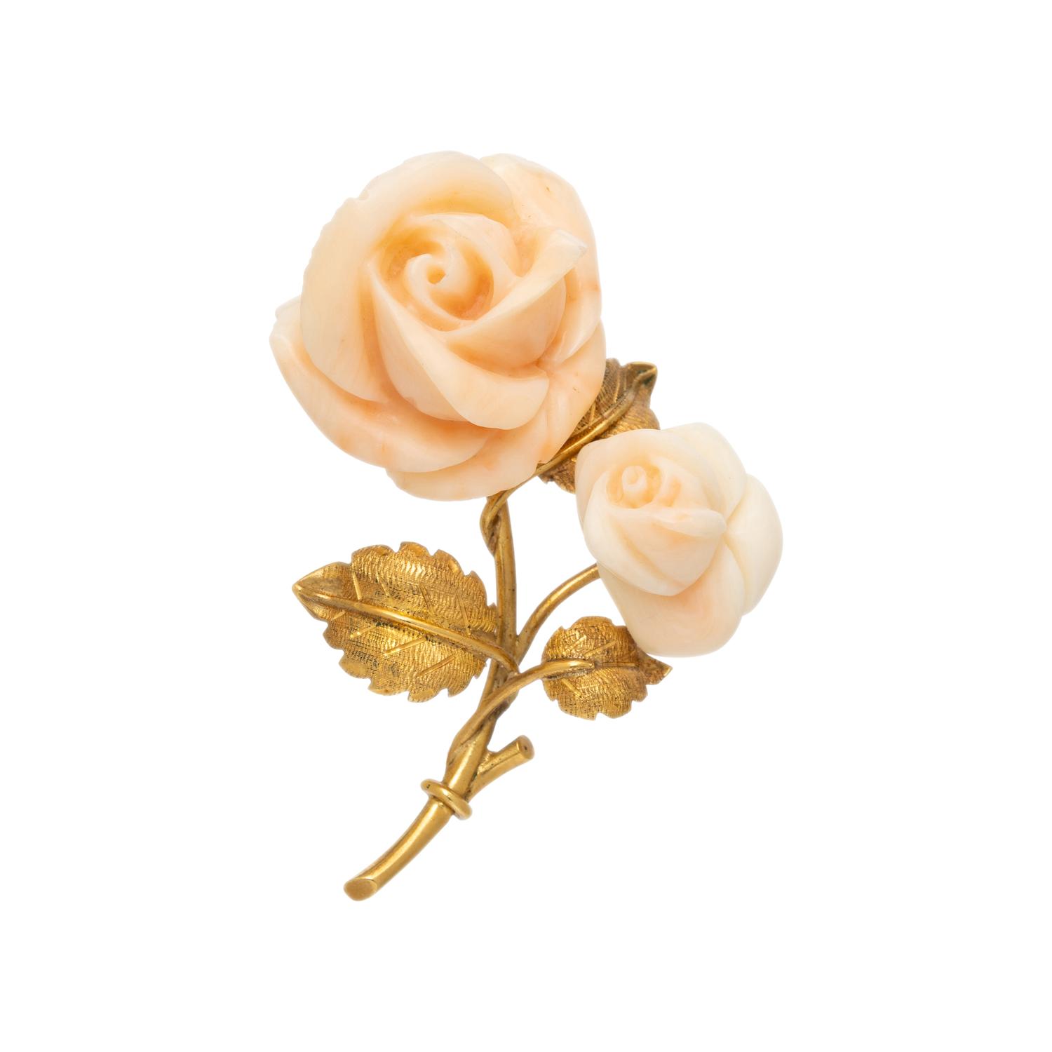 CARVED CORAL AND YELLOW GOLD ROSE BROOCH