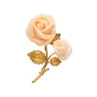 CARVED CORAL AND YELLOW GOLD ROSE BROOCH