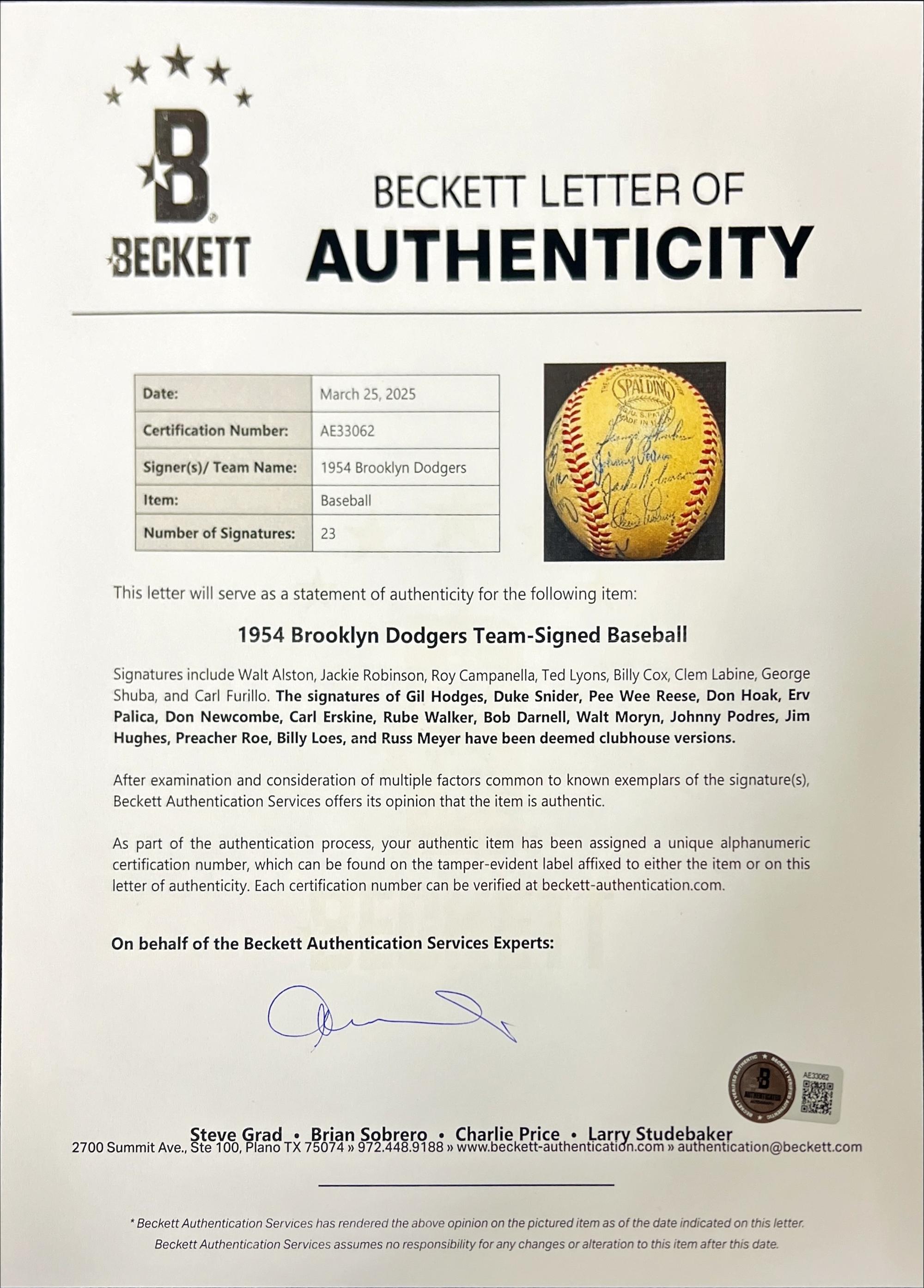 A 1954 Brooklyn Dodgers Team Signed Autograph Baseball Including Jackie Robinson and Roy Campanella (Beckett Authentication Services)