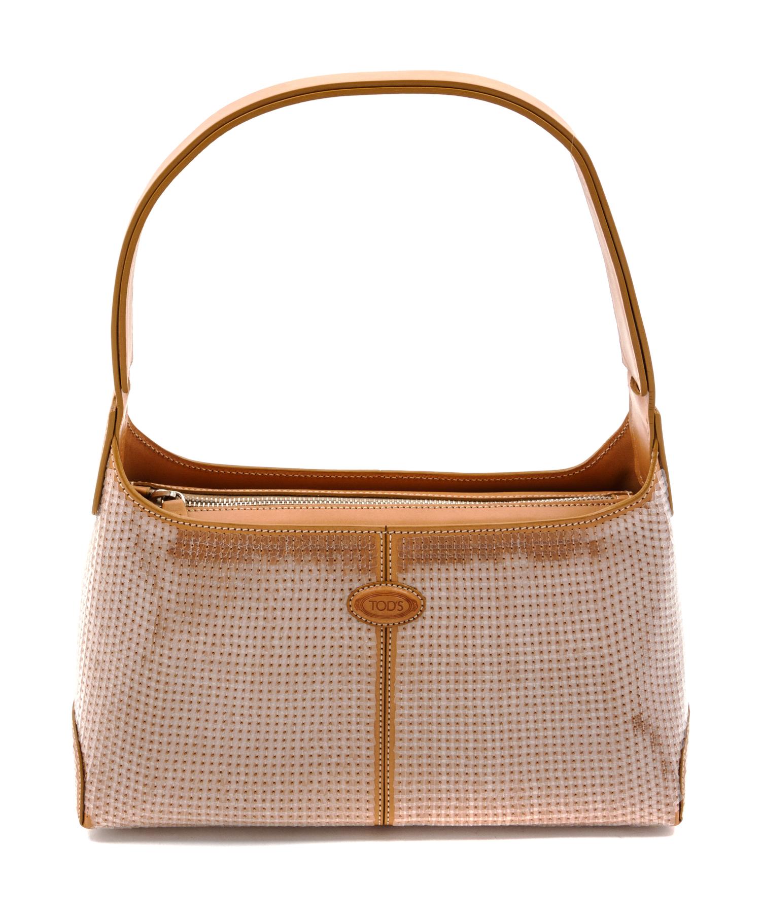 A Tod's Tan Leather and Sequin Shoulder Bag, 11 x 5 1/2 x 4 inches.