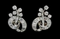 A Pair of Platinum and Diamond Earclips, Circa 1950, 7.80 dwts.