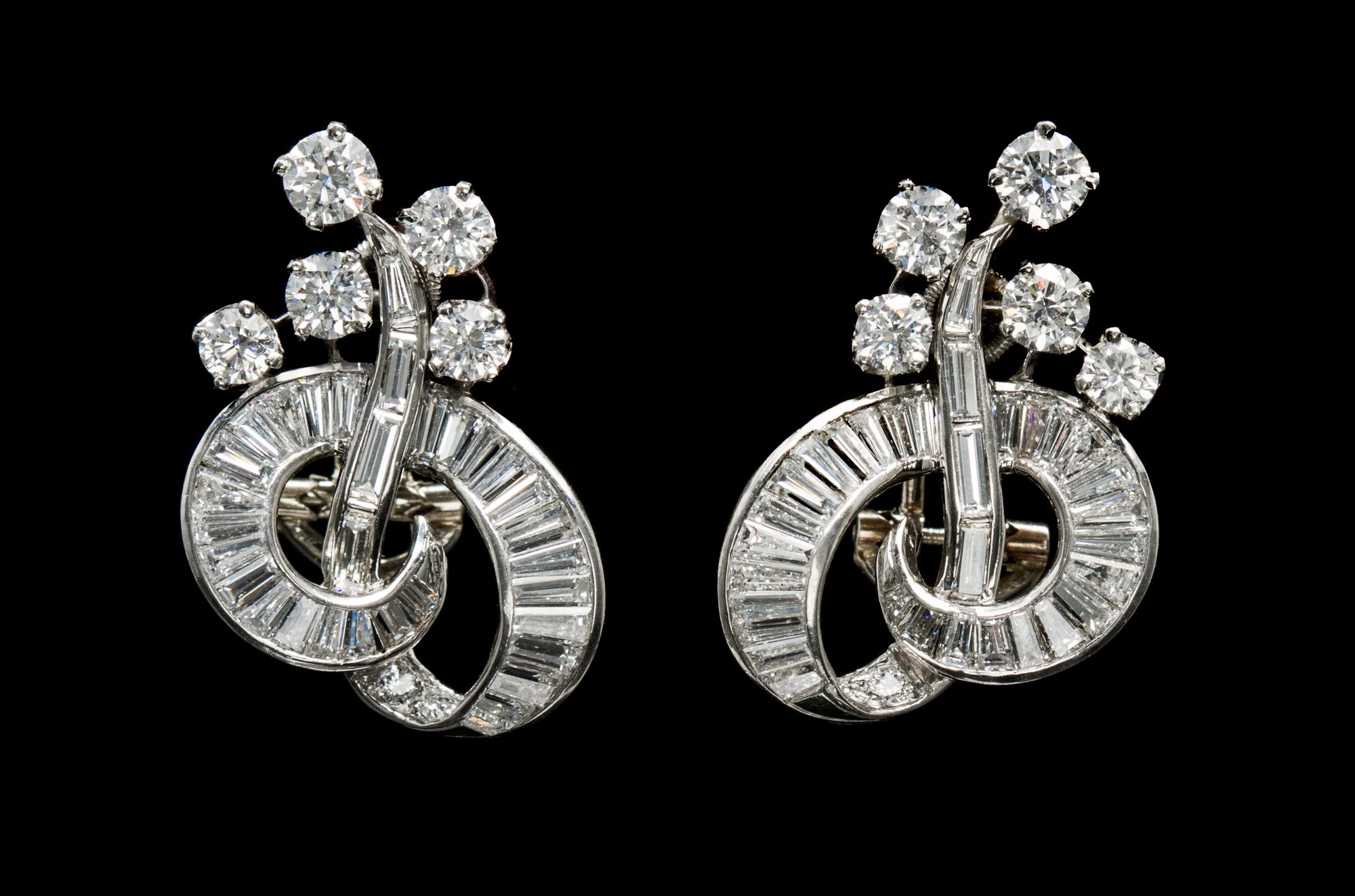 A Pair of Platinum and Diamond Earclips, Circa 1950, 7.80 dwts.