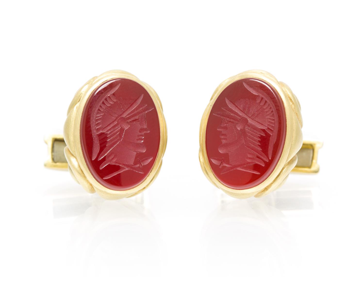 A Pair of 18 Karat Yellow Gold and Carnelian Intaglio Cufflinks, Vahe Naltchayan, Circa 1990, 15.40 dwts.