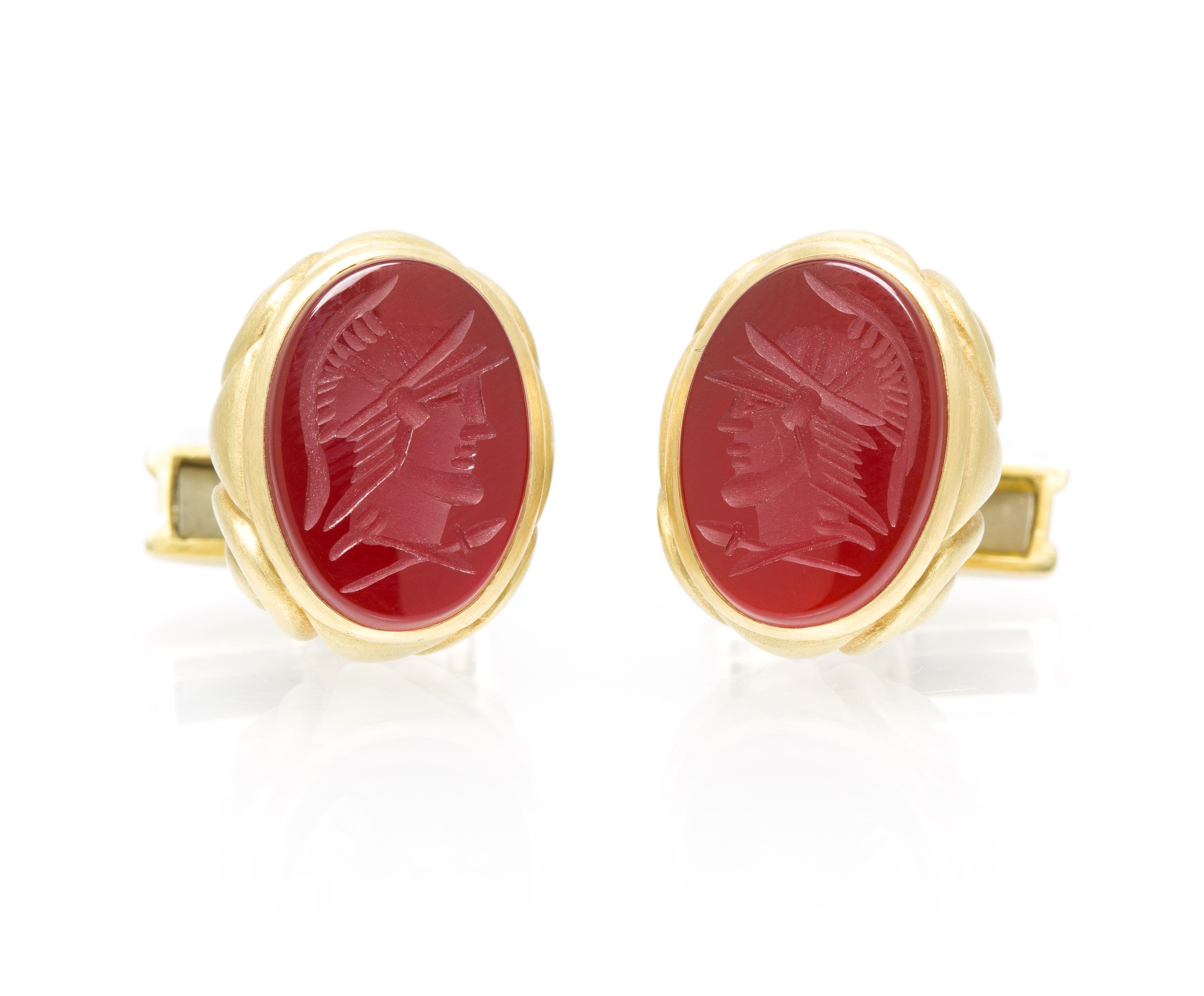 A Pair of 18 Karat Yellow Gold and Carnelian Intaglio Cufflinks, Vahe Naltchayan, Circa 1990, 15.40 dwts.