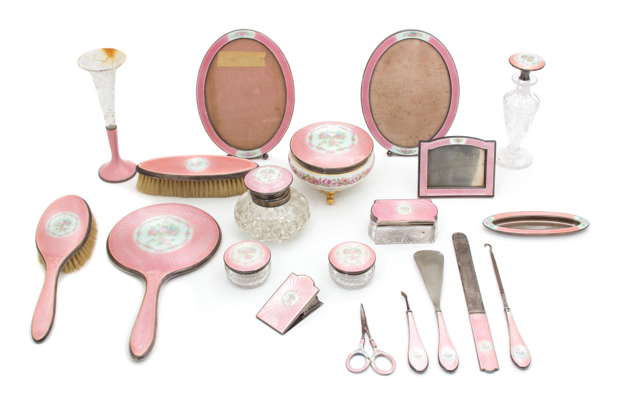 An American Silver, Cut Glass and Enamel Dresser Set Length of mirror 8 inches. — Foster and Bailey, 20th Century