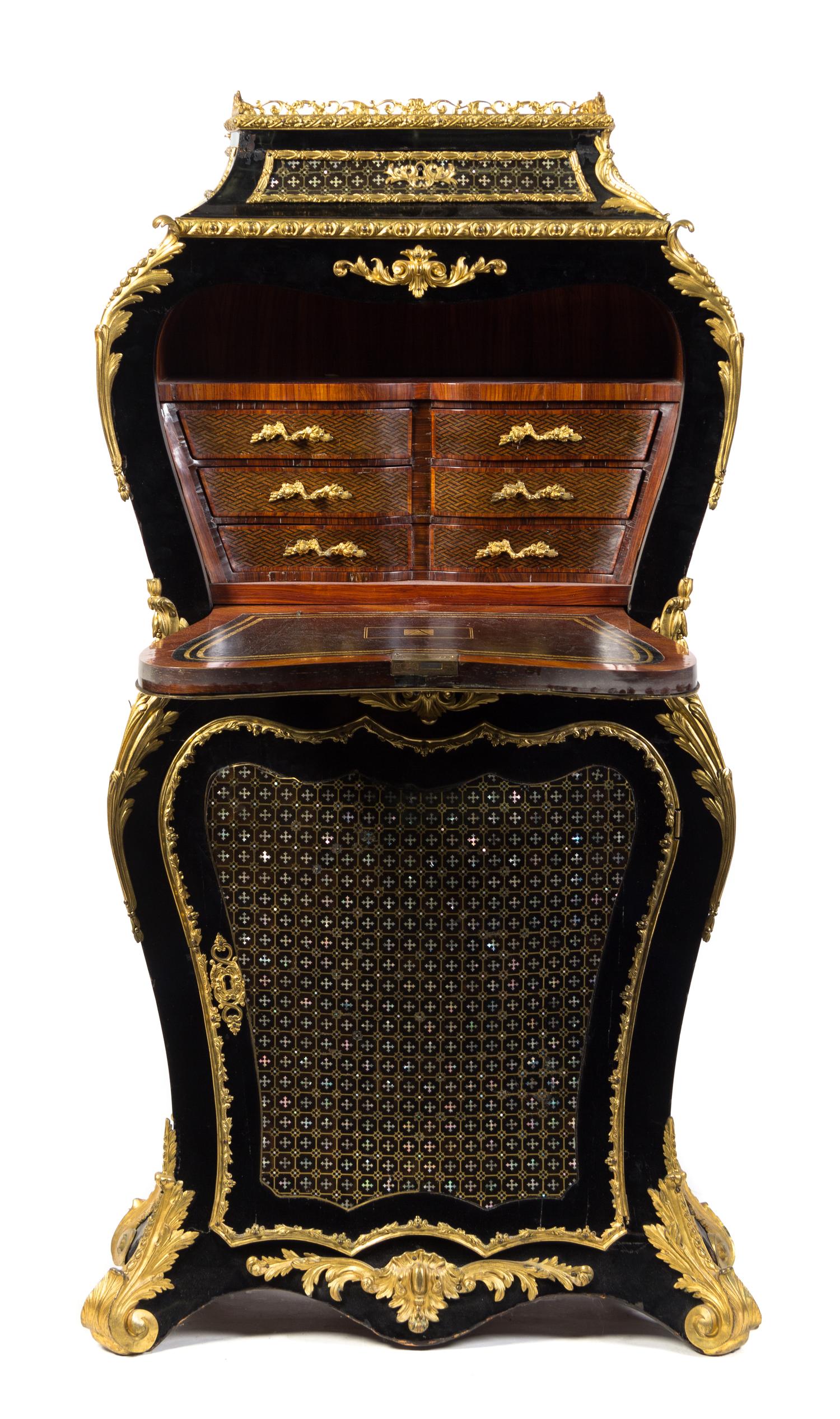 A Napoleon III Gilt Bronze Mounted Brass and Mother-of-Pearl Inlaid Ebonized Secretaire a Abattant Height 49 1/2 x width 25 x depth 11 — THIRD QUARTER 19TH CENTURY