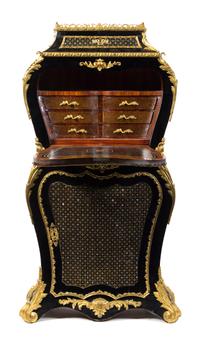 A Napoleon III Gilt Bronze Mounted Brass and Mother-of-Pearl Inlaid Ebonized Secretaire a Abattant Height 49 1/2 x width 25 x depth 11 — THIRD QUARTER 19TH CENTURY