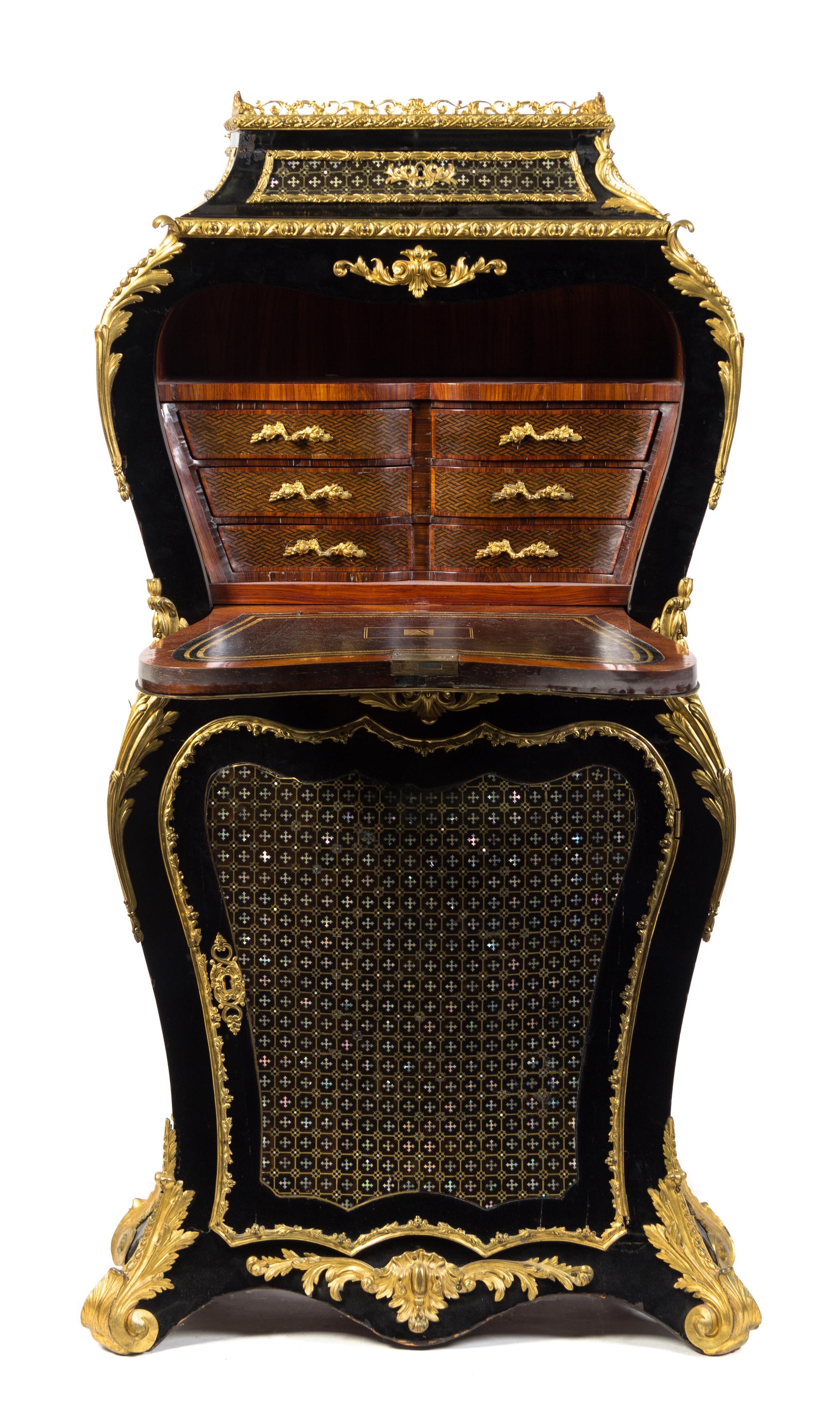 A Napoleon III Gilt Bronze Mounted Brass and Mother-of-Pearl Inlaid Ebonized Secretaire a Abattant Height 49 1/2 x width 25 x depth 11 — THIRD QUARTER 19TH CENTURY