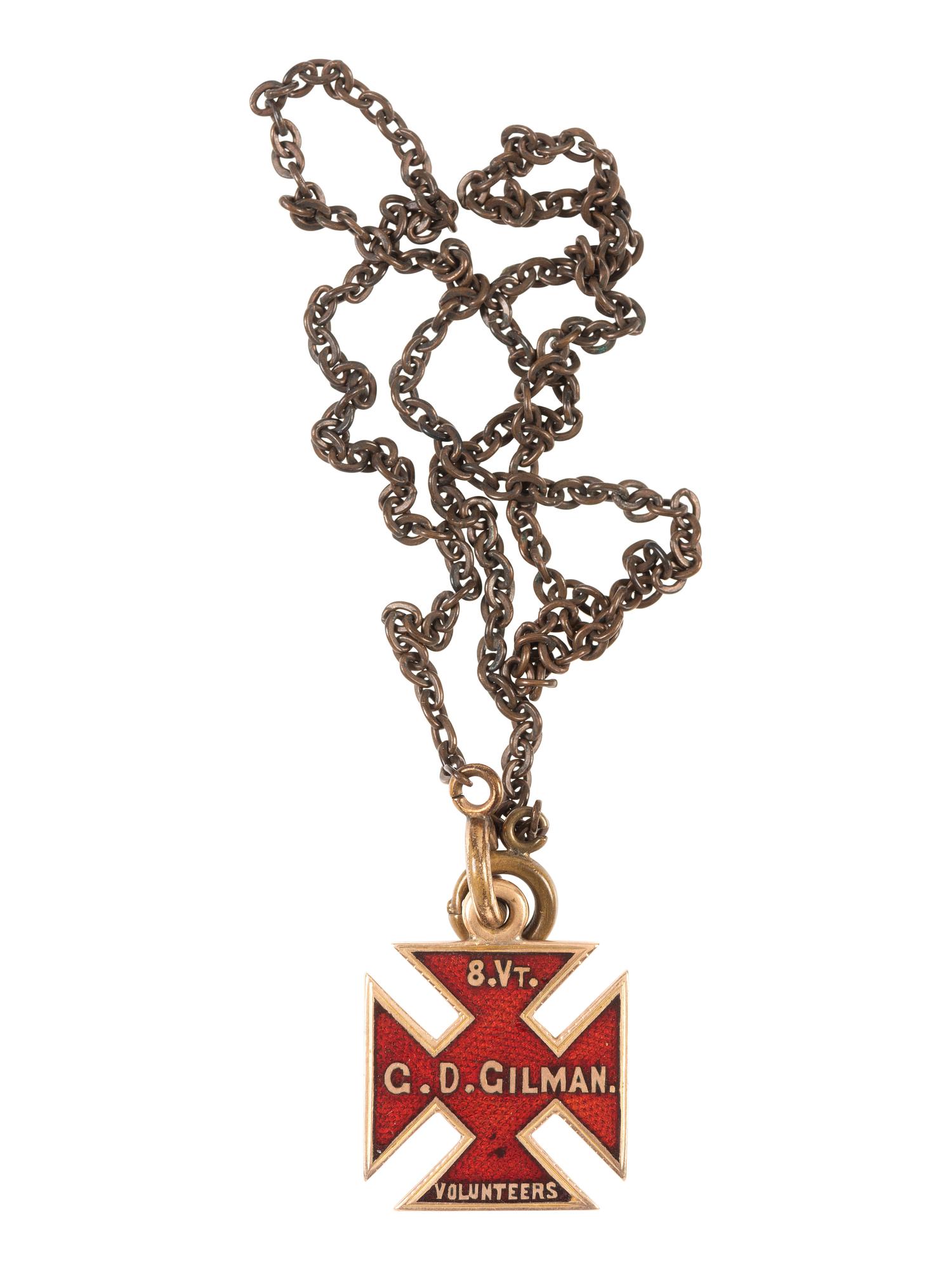 [CIVIL WAR]. XIX Corps badge necklace identified to Sergeant George D. Gilman, 8th Vermont Infantry.