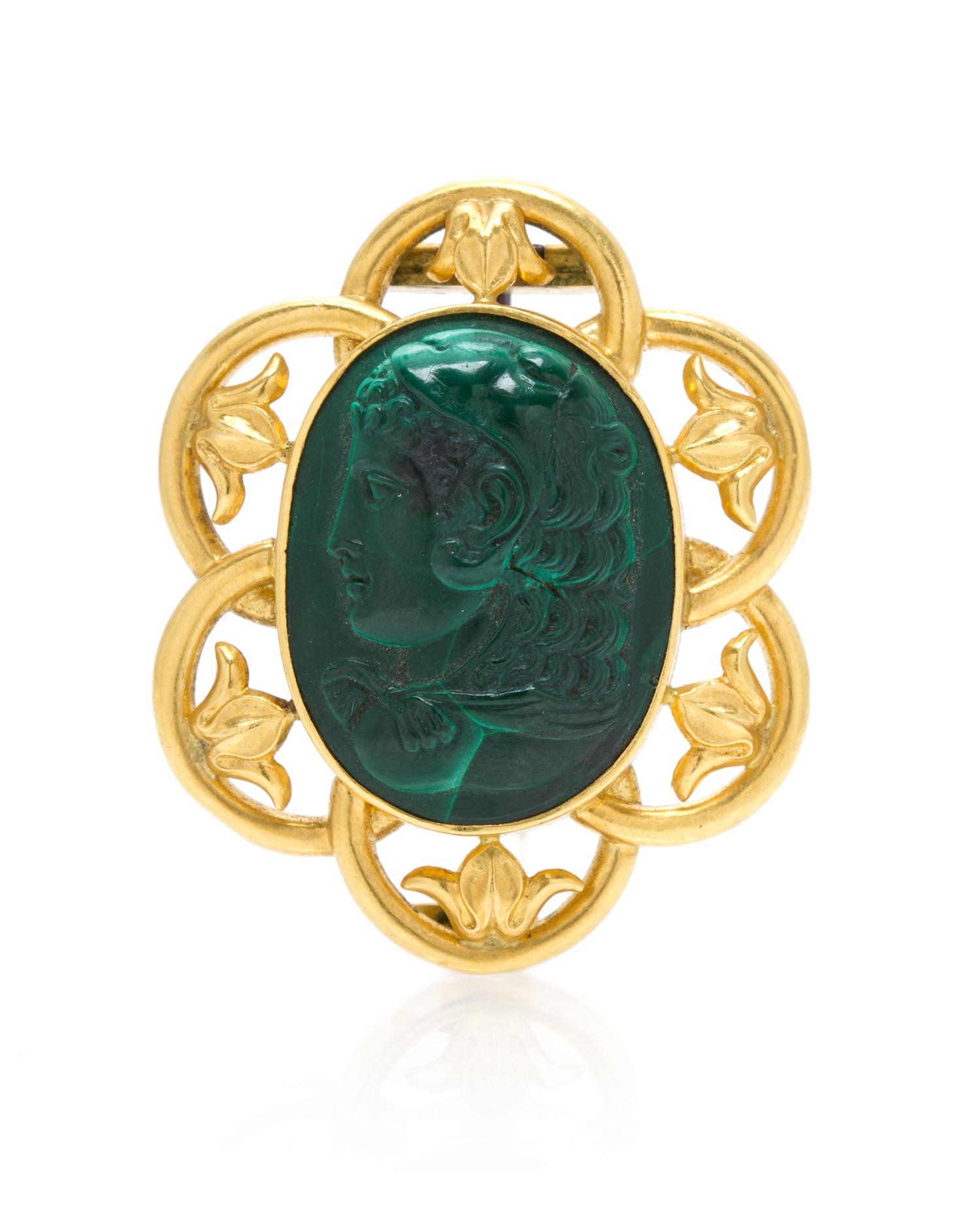 An Antique Yellow Gold and Malachite Cameo Brooch, 5.10 dwts.