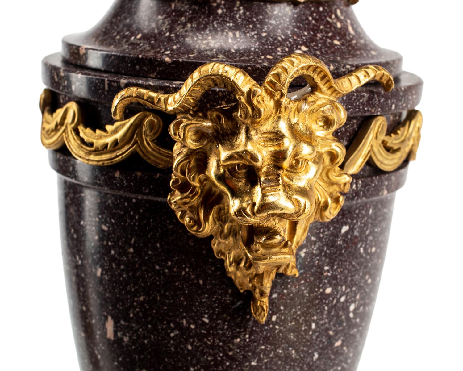 A Pair of Directoire Style Gilt Bronze and Marble Urn Ornaments