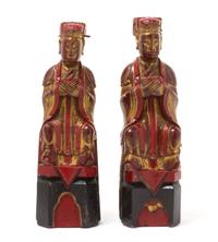 A Matched Pair of Gilt, Red and Black Lacquered Wood Figures of Scholars Height 11 7/8 inches.