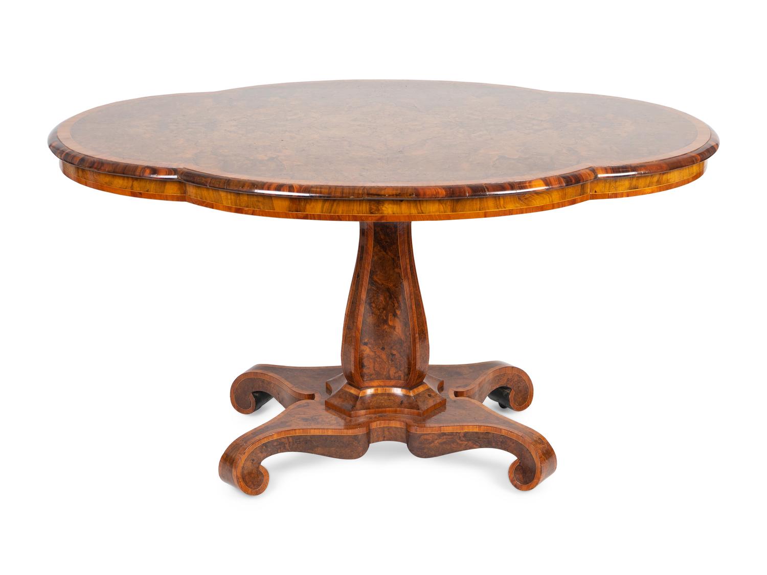 A Victorian Burl Wood and Satinwood Inlaid Turtle Top Parlor Table — 19TH CENTURY