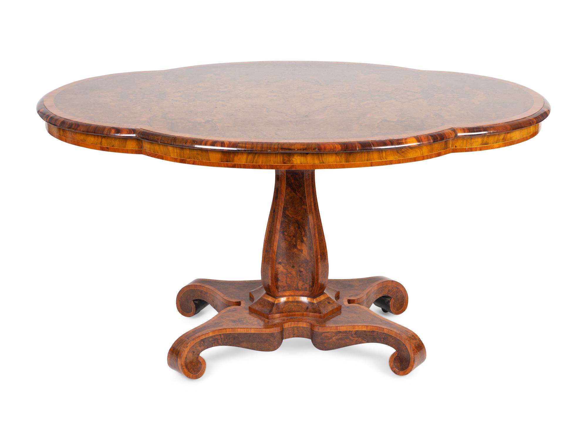 A Victorian Burl Wood and Satinwood Inlaid Turtle Top Parlor Table — 19TH CENTURY