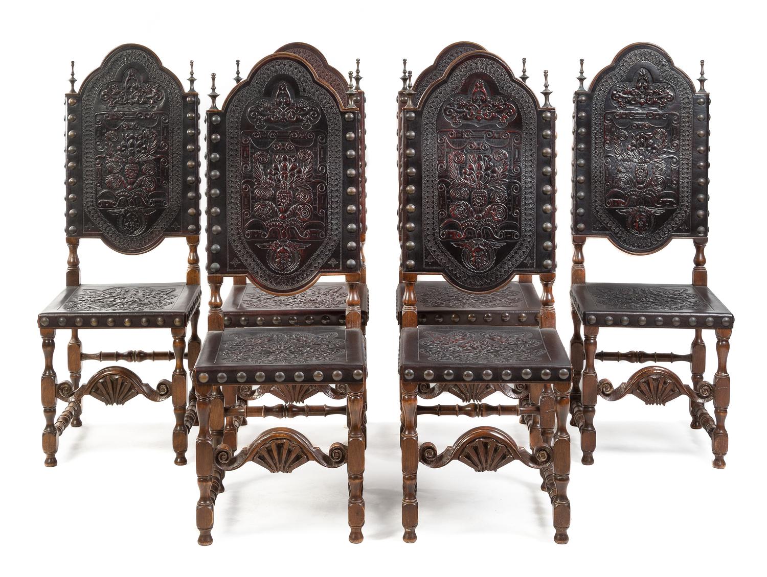 A Set of Six Spanish Baroque Style Walnut Dining Chairs Height 48 1/4 inches. — 20TH CENTURY