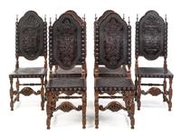 A Set of Six Spanish Baroque Style Walnut Dining Chairs Height 48 1/4 inches. — 20TH CENTURY