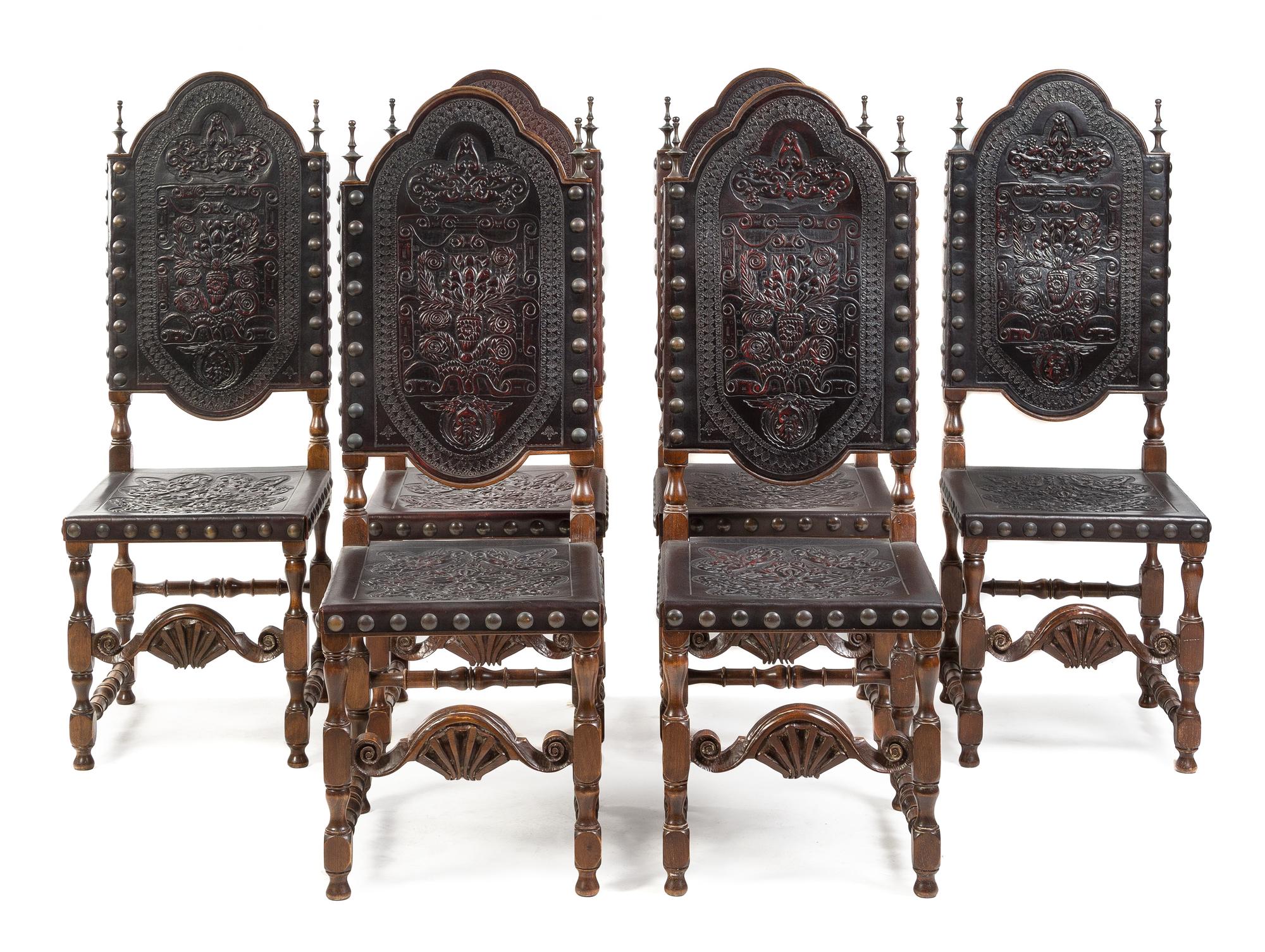 A Set of Six Spanish Baroque Style Walnut Dining Chairs Height 48 1/4 inches. — 20TH CENTURY