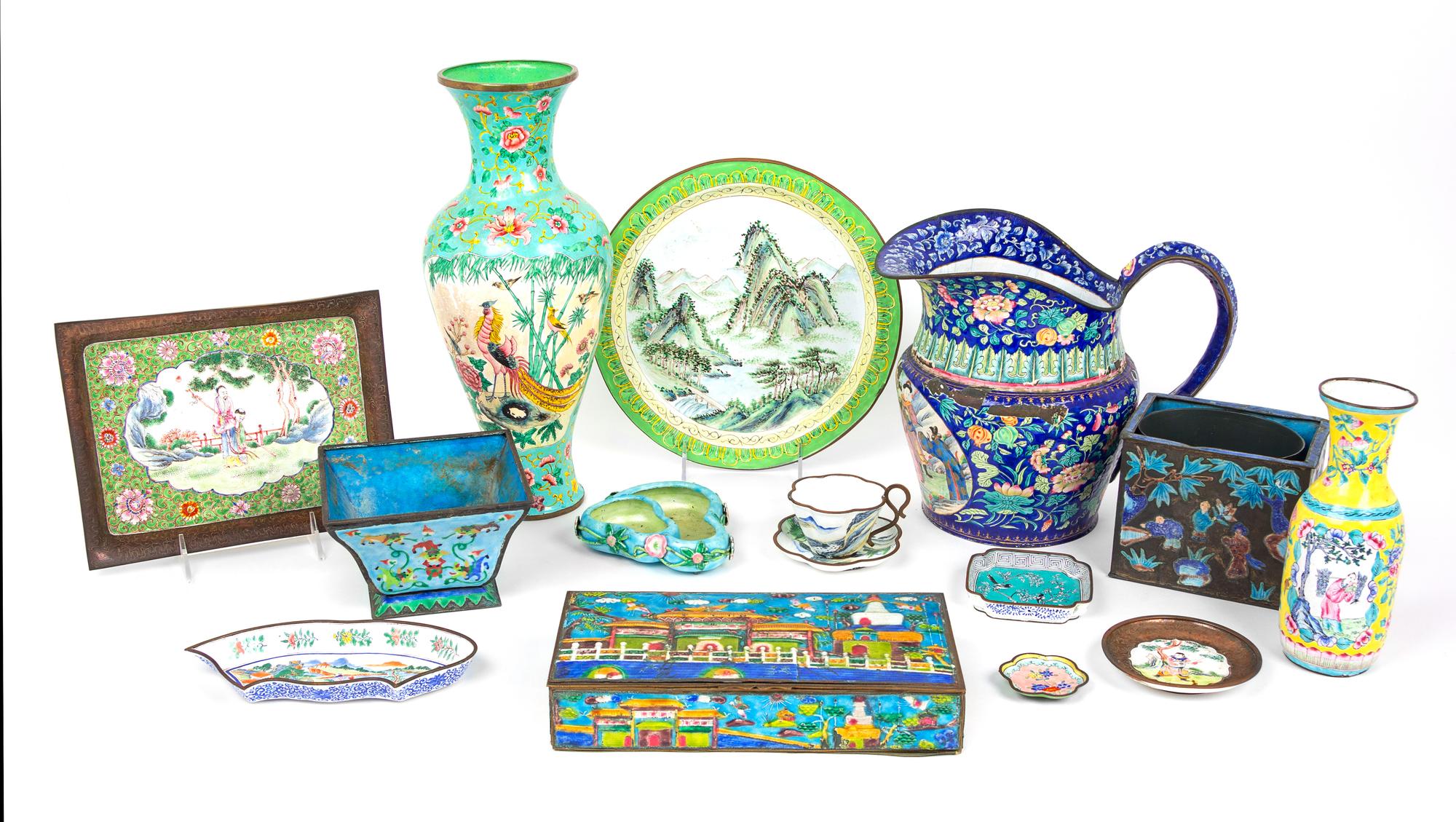 Fourteen Chinese Canton Enamel on Metal Wares