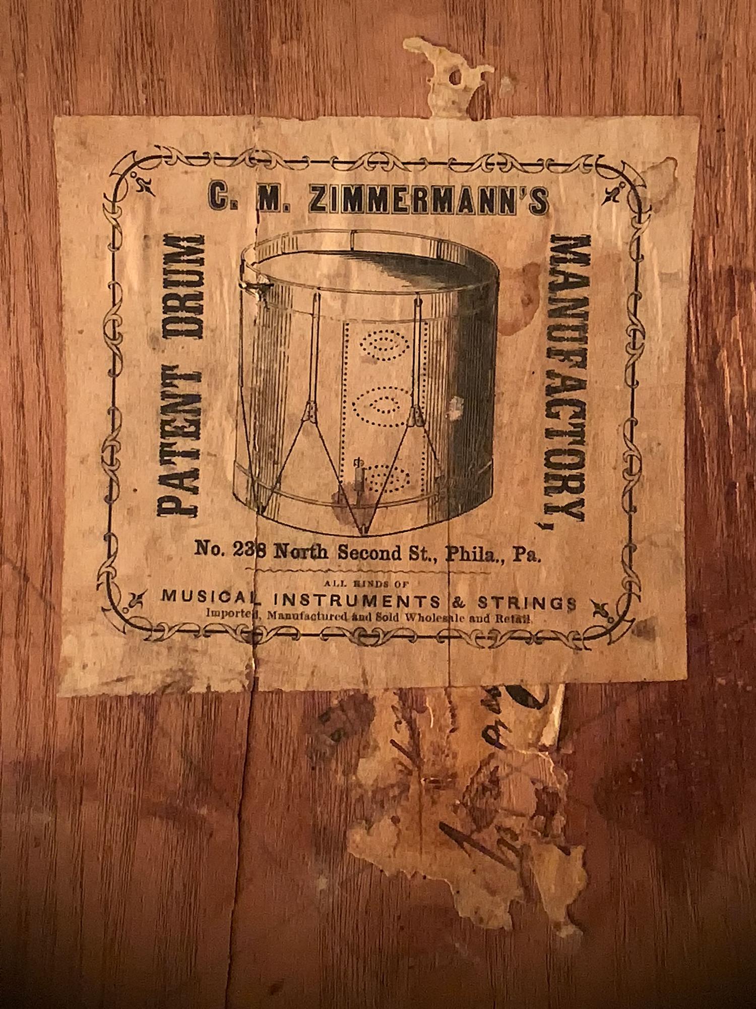 Civil War painted US regulation eagle drum with sticks. Manufactured by C.M. Zimmerman, Philadelphia, PA.