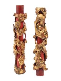 A Pair of Chinese Gilt and Red Lacquered Wood Candle Holders and A Pair of Hardwood Displaying Shelves