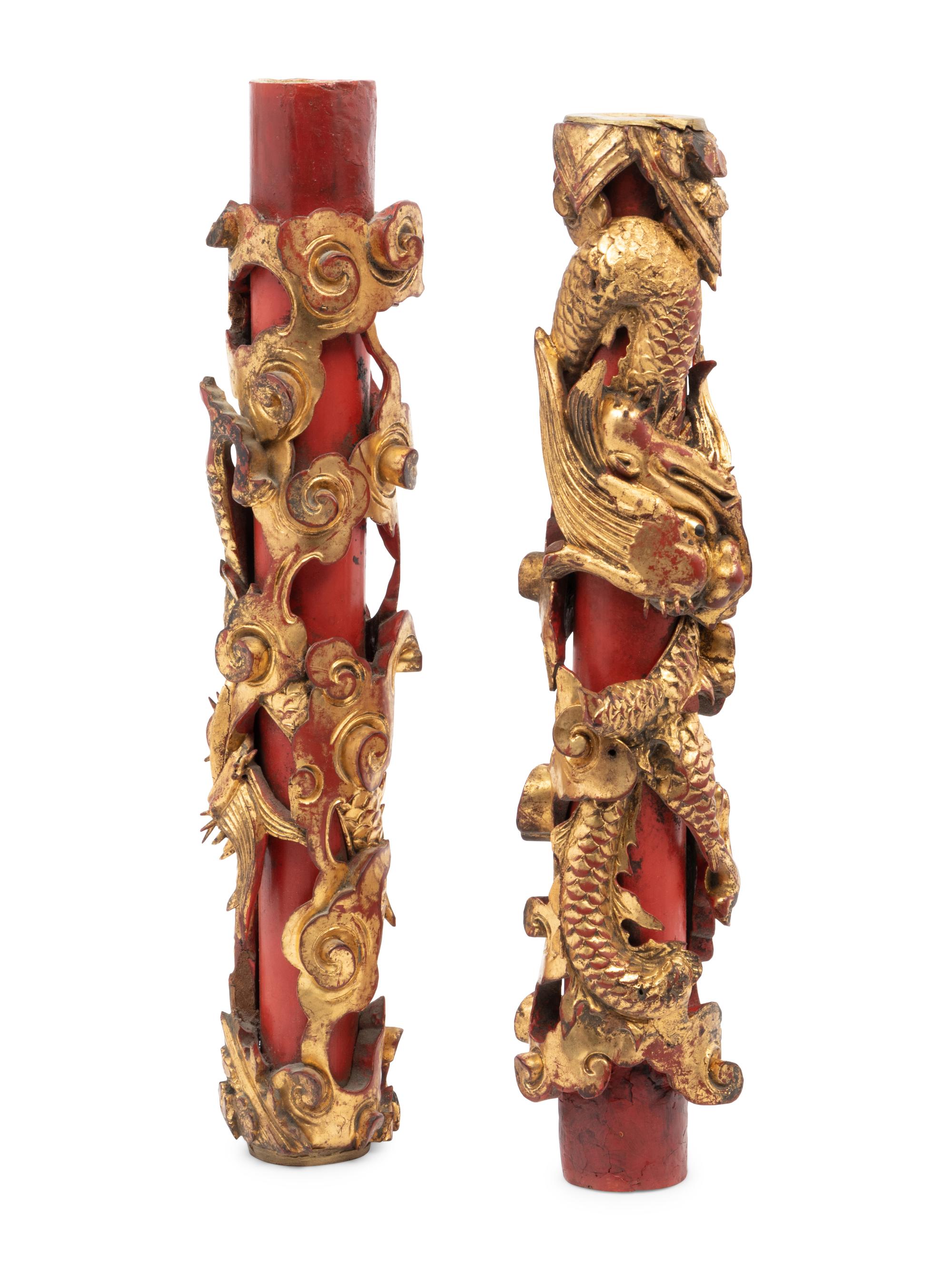 A Pair of Chinese Gilt and Red Lacquered Wood Candle Holders and A Pair of Hardwood Displaying Shelves