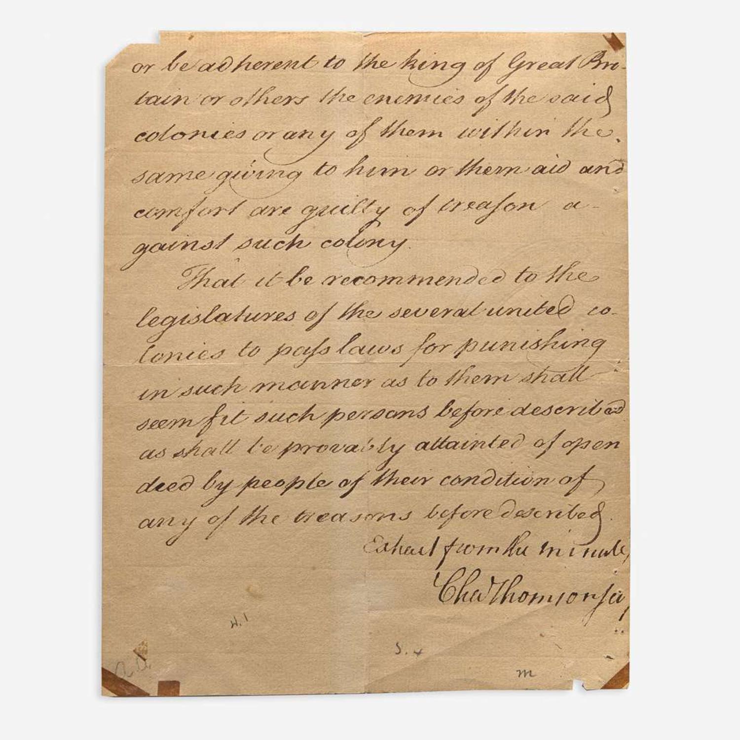 [Americana] [American Revolution] Thomson, Charles Manuscript Document, signed