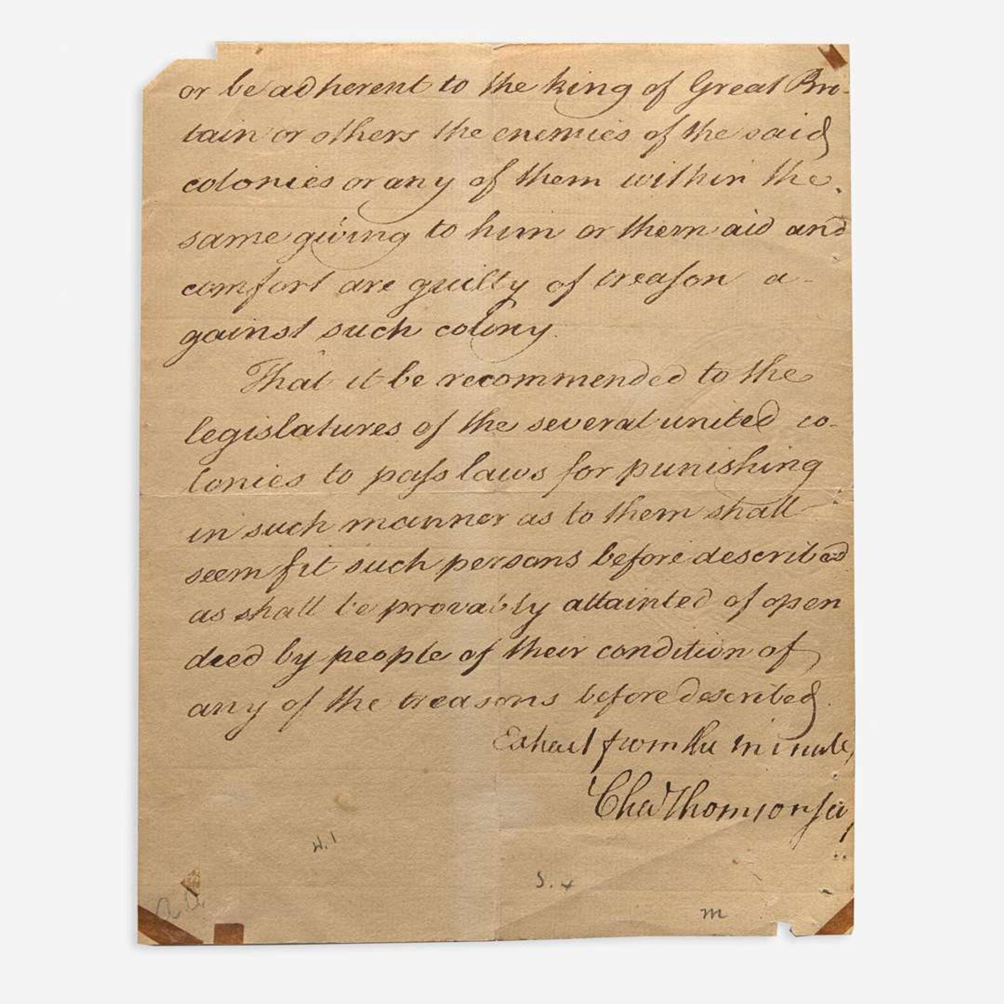 [Americana] [American Revolution] Thomson, Charles Manuscript Document, signed