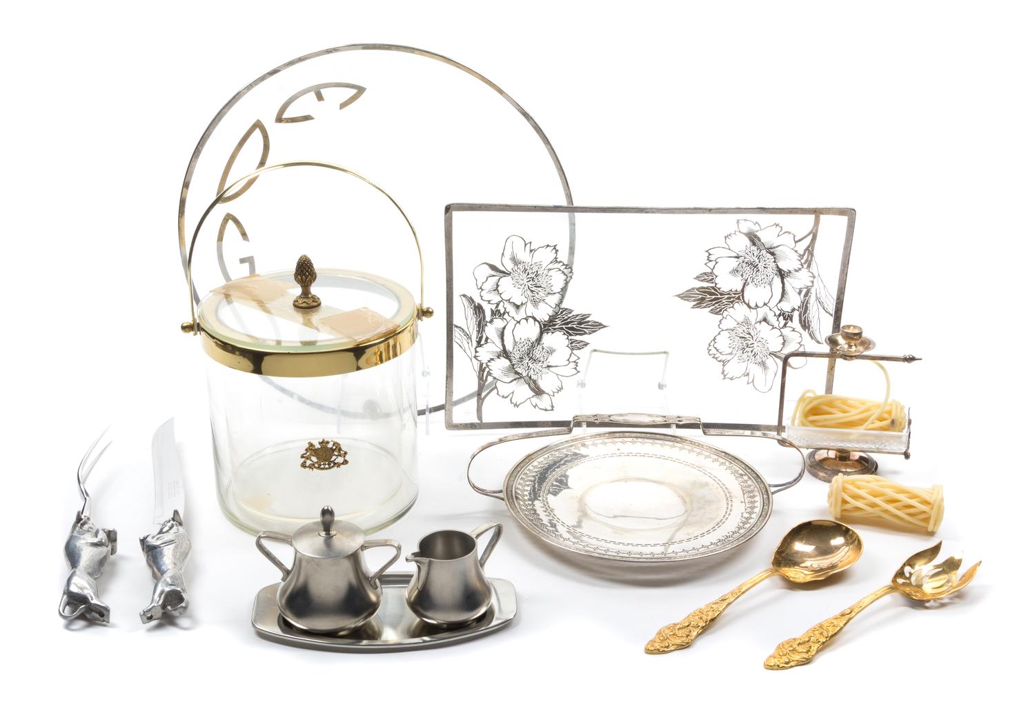 A Collection of Silver-plate Mounted Articles Diameter of circular tray 15 1/2 inches.