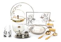 A Collection of Silver-plate Mounted Articles Diameter of circular tray 15 1/2 inches.