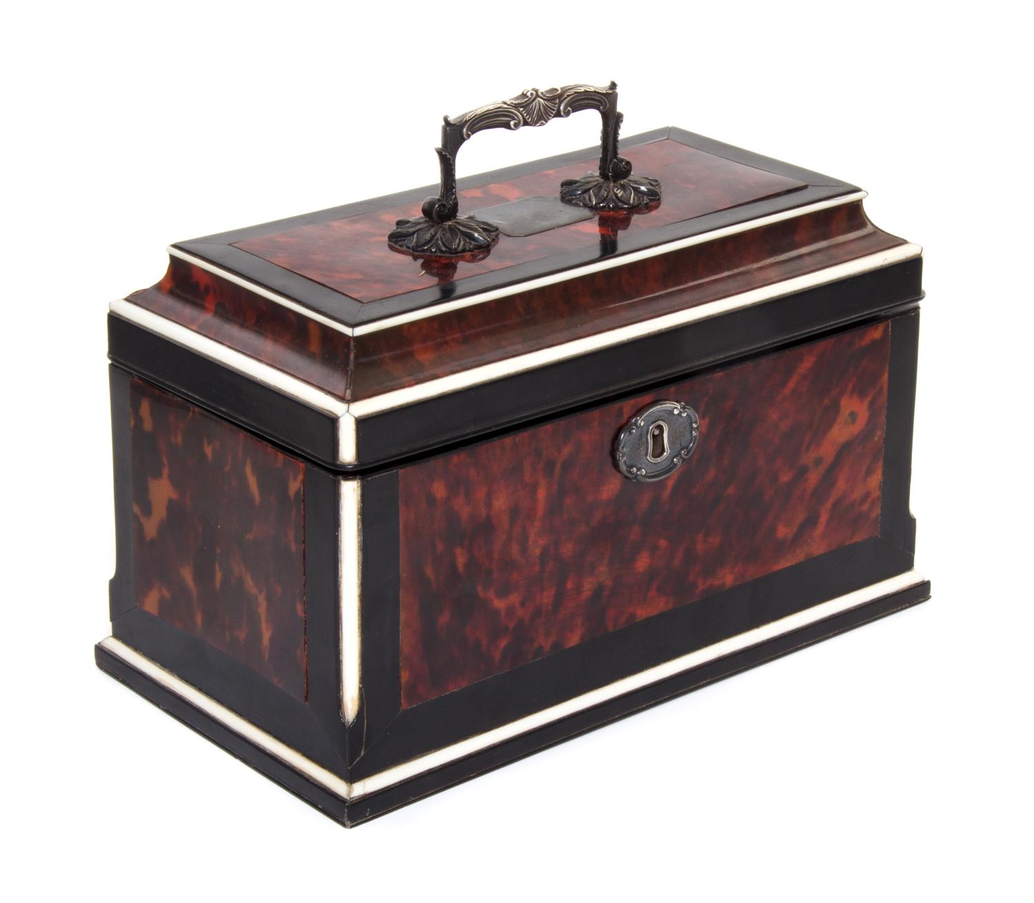 A George III Silver and Tortoise Shell Mounted Ebony Tea Caddy, Silver Liners Marked for Thomas Daniel, London, 1788, the hinged lid wi
