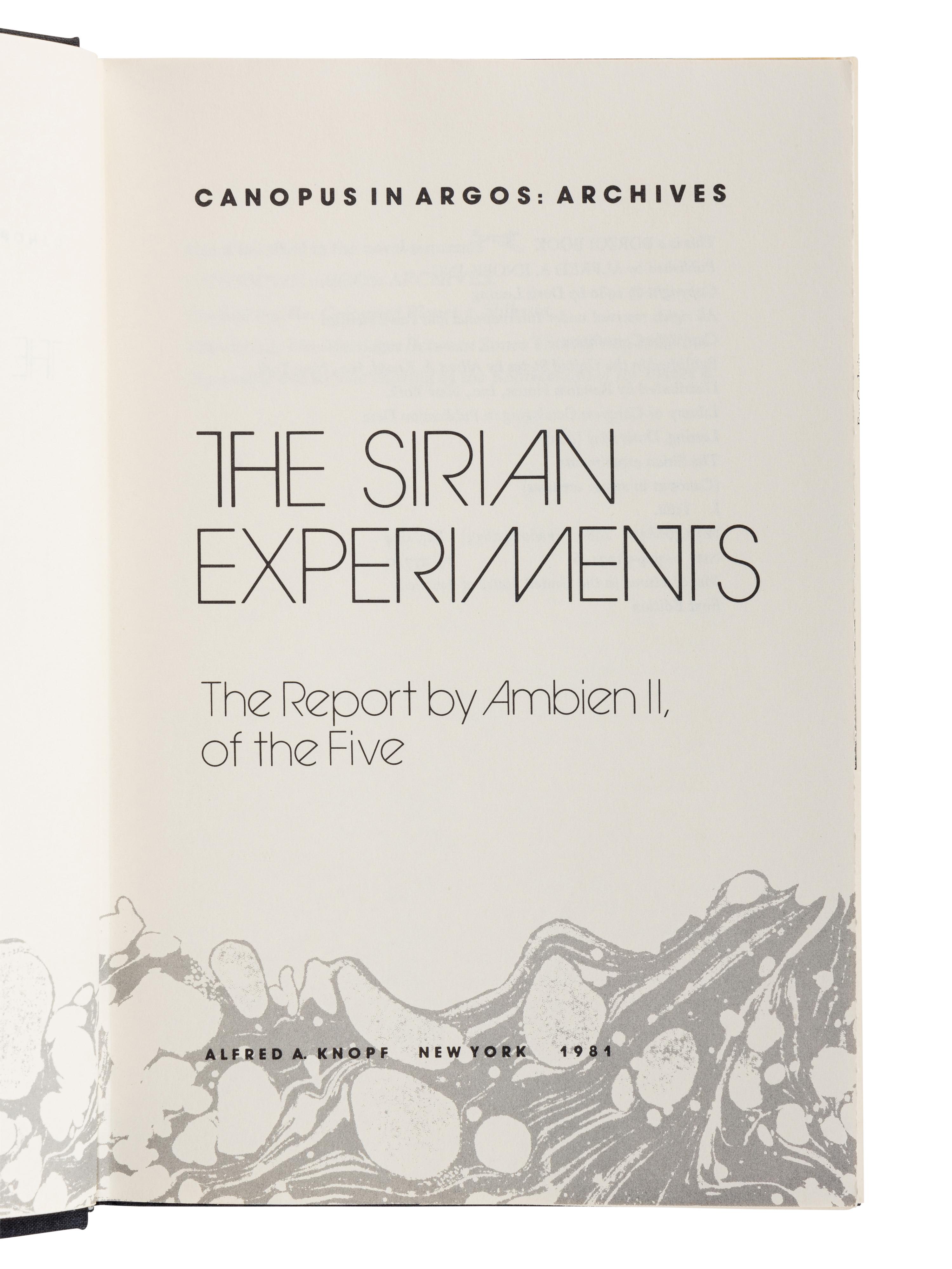 LESSING, Doris (1919-2013). [Canopus in Argos:] Re: Colonised Planet 5, Shikasta. 1979. -- The Marriages Between Zones Three, Four, and Five. 1980. -- The Sirian Experiments. 1980. -- The Making of the Representative for Planet 8. 1982. -- Documents Relating to t he Sentimental Agents in the Volyen Empire. 1983. All New York: Alfred A. Knopf.