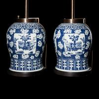 A Pair of Chinese Blue and White ' Bogu ' Motif Porcelain General Jars, 19th Century 晚清 青花博古圖將軍罐一對