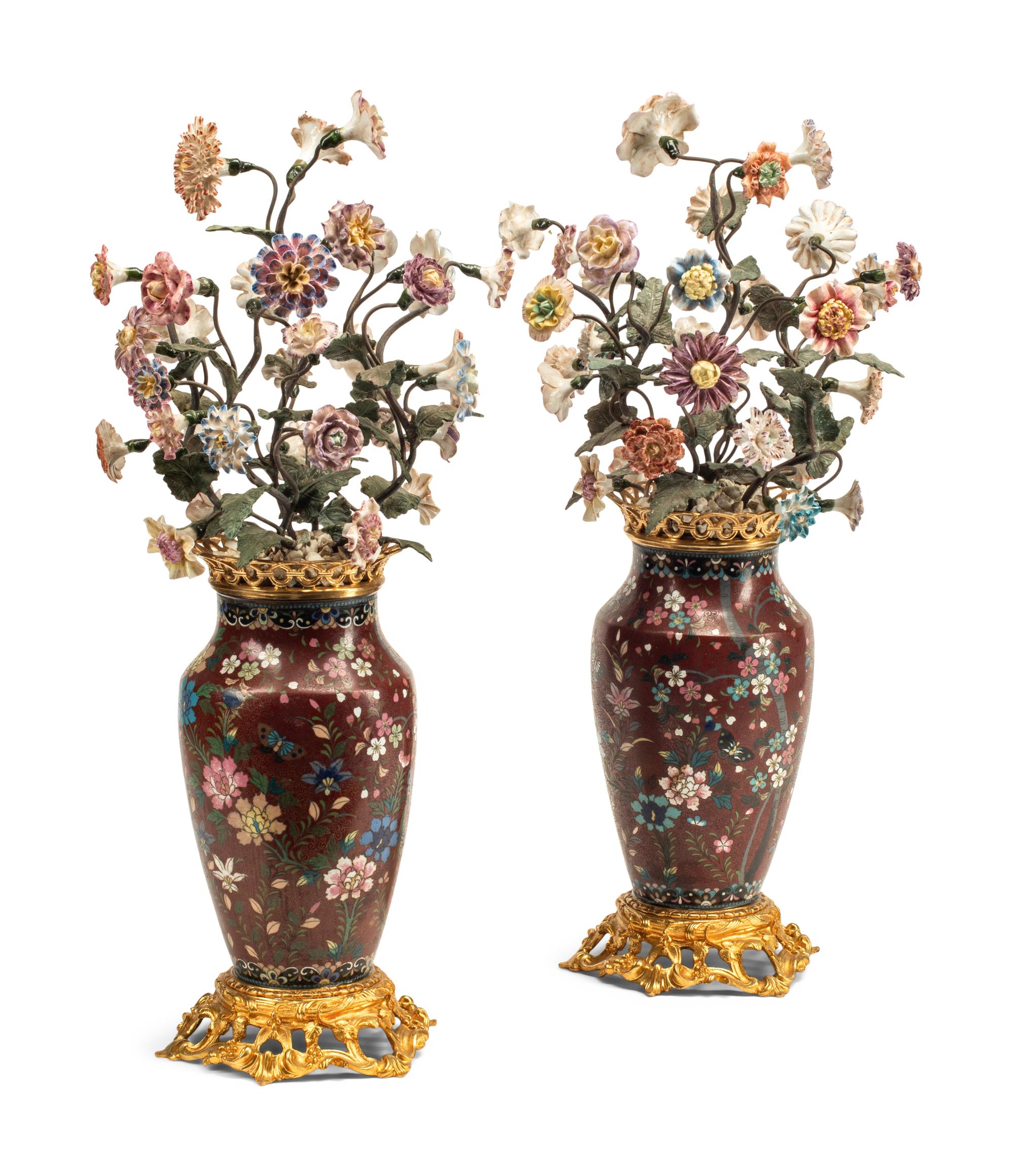 A Pair of Gilt Bronze Mounted Cloisonné and Porcelain Vases