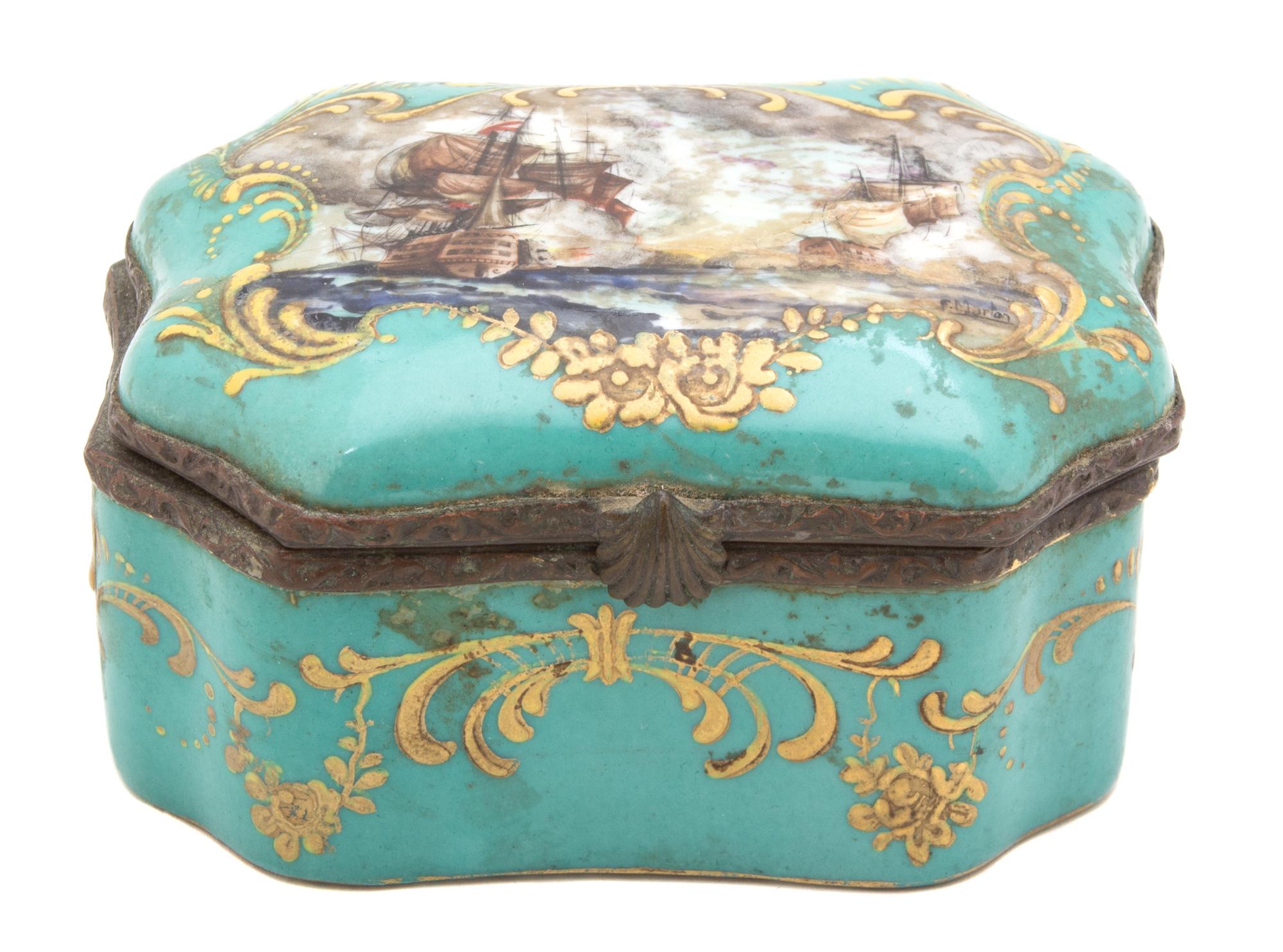 A French Gilt Metal Mounted Porcelain Box Height 2 1/2 x width 4 1/4 x depth 3 inches. — 19TH CENTURY