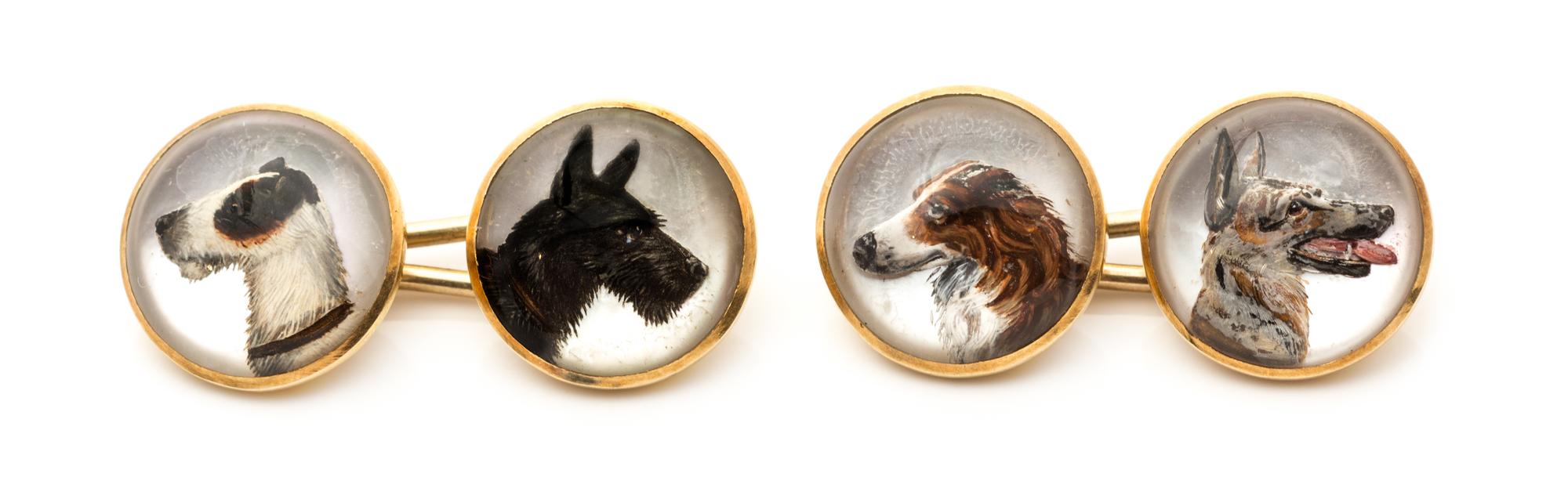 A Pair of 18 Karat Yellow Gold, Mother-of-Pearl and Essex Crystal Hunting Dog Motif Cufflinks, 6.90 dwts.