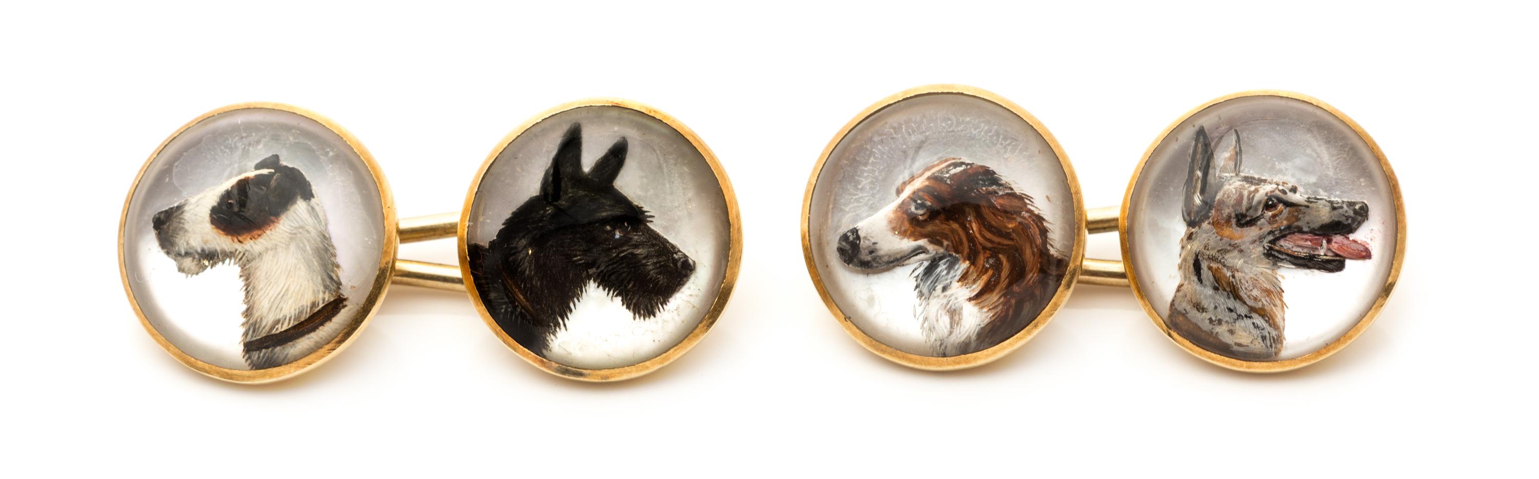 A Pair of 18 Karat Yellow Gold, Mother-of-Pearl and Essex Crystal Hunting Dog Motif Cufflinks, 6.90 dwts.