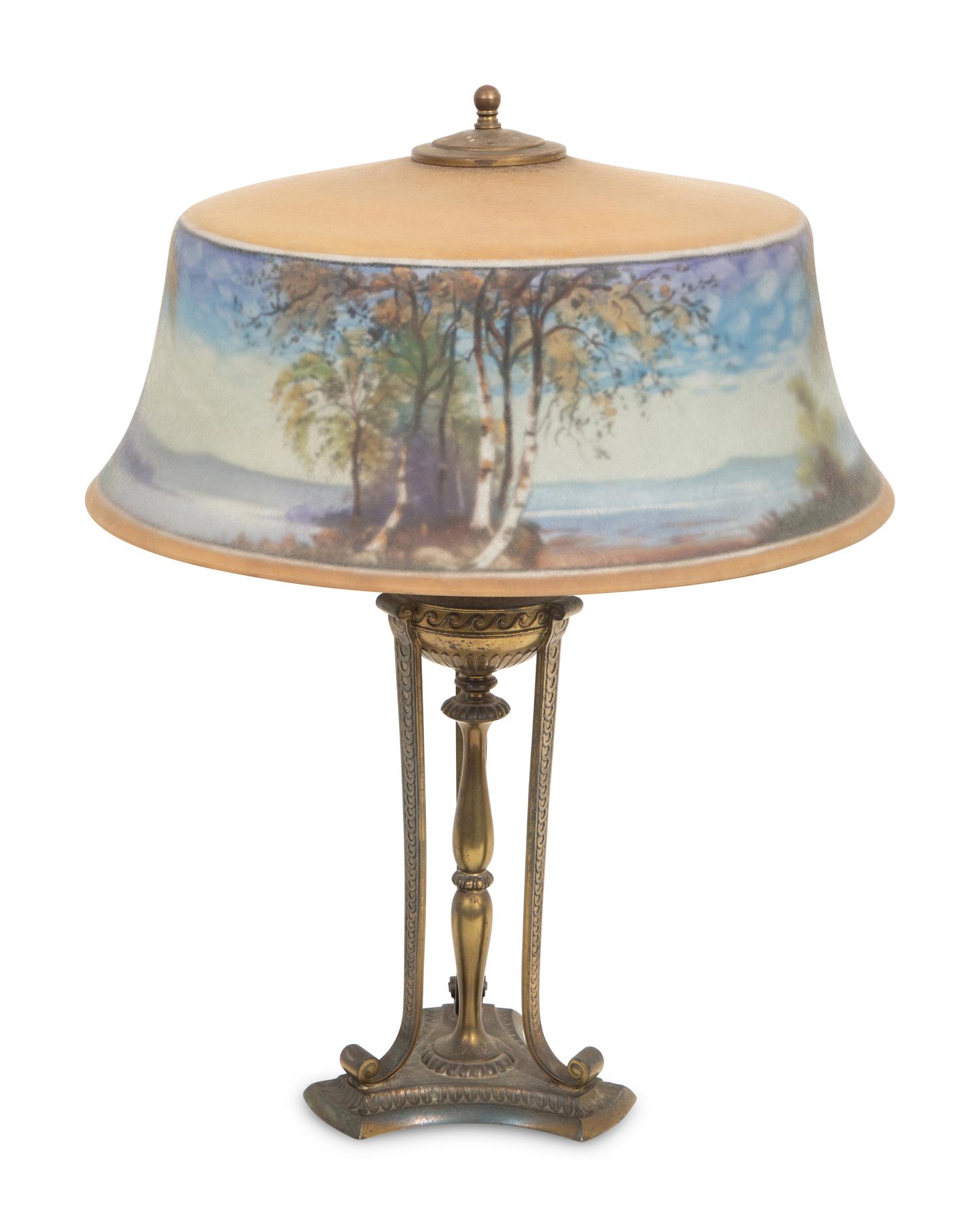 Reverse-painted Exeter lamp, c. 1915 Pairpoint Glass Company, USA
