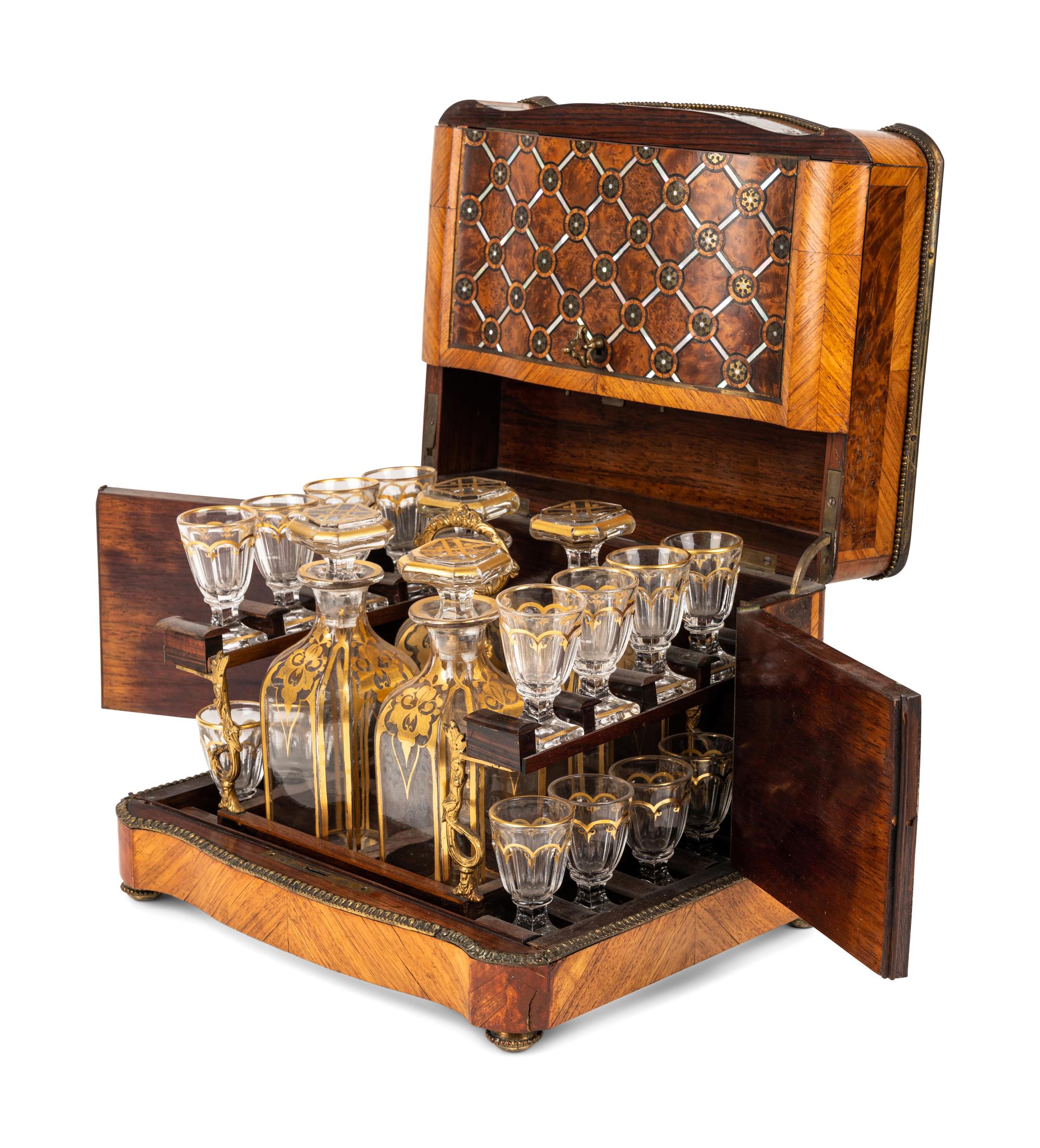A Napoleon III Fruitwood and Mother-of-Pearl Inlaid Cave à Liqueur