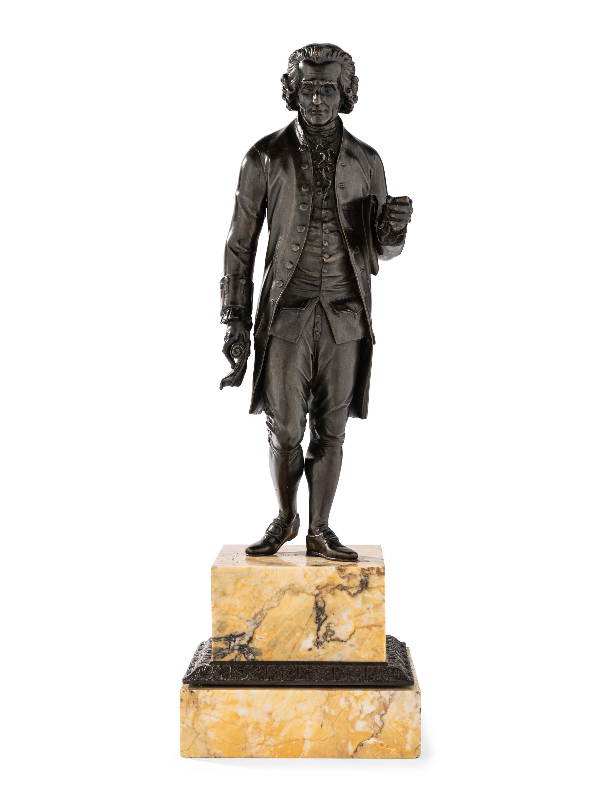 A Pair of French Bronze and Sienna Marble Sculptures of Voltaire and Rousseau
