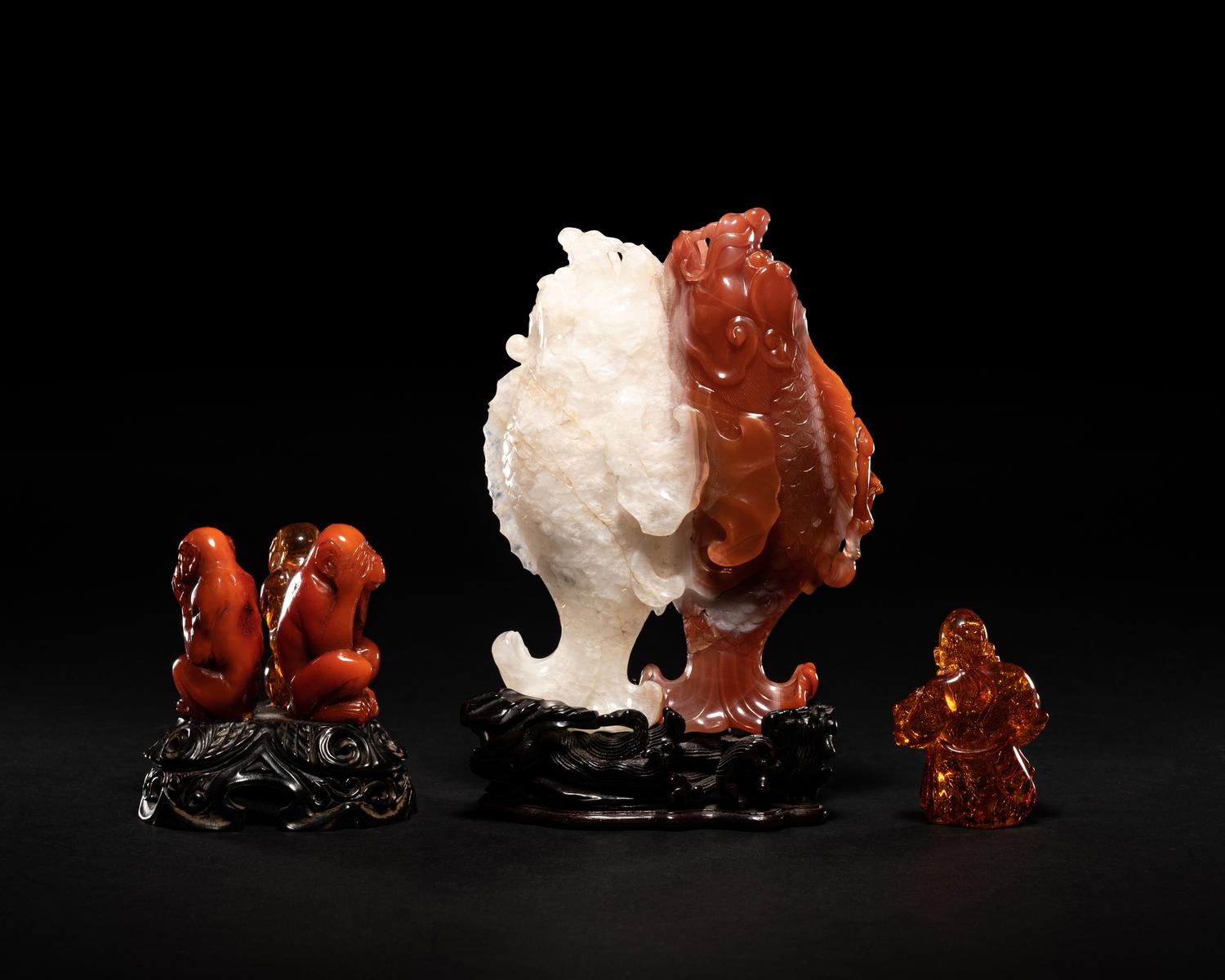 Two Chinese Amber Carvings and An Agate Carving of Double Fish