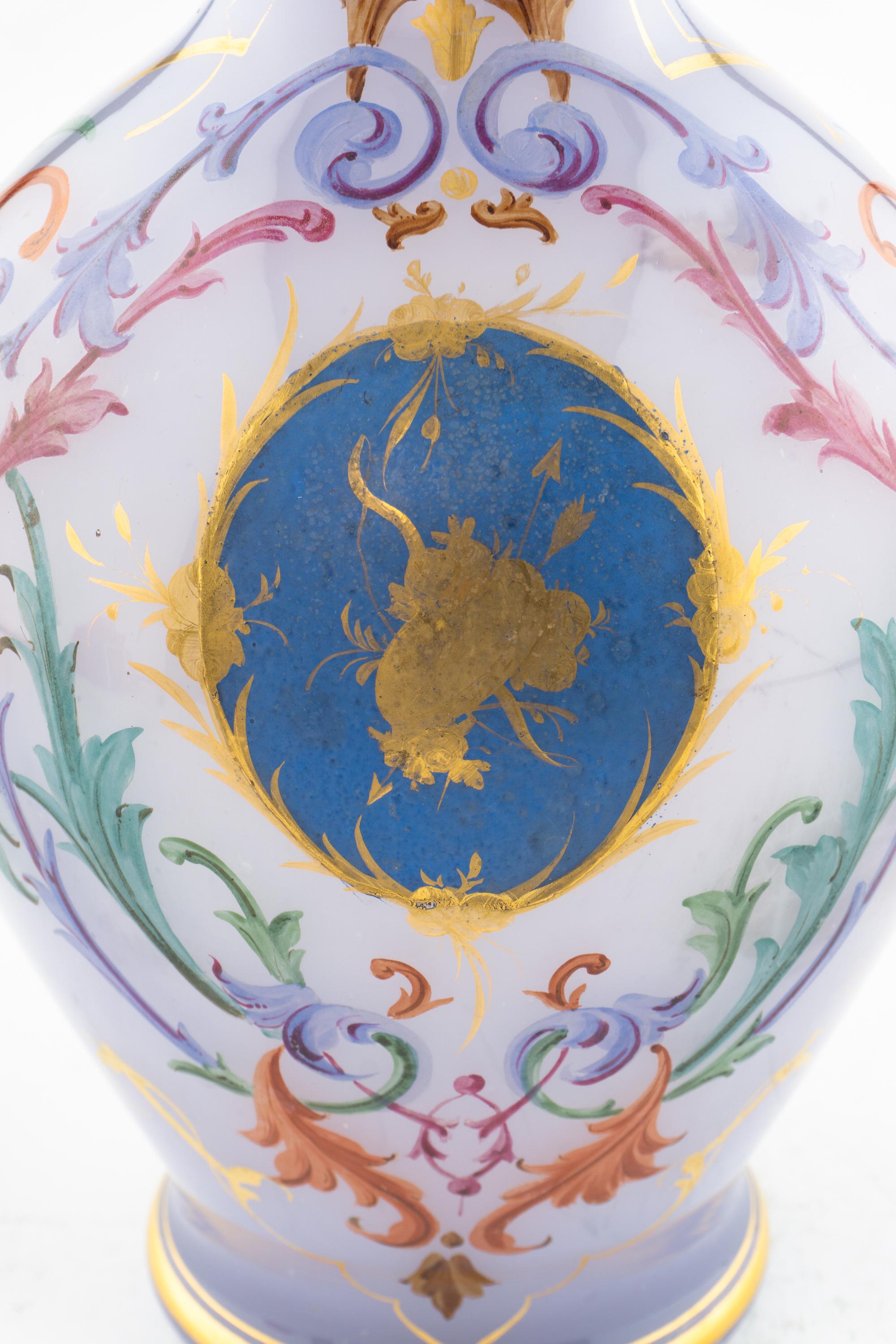 A French Painted and Parcel Gilt Lavender Opaline Glass Vase