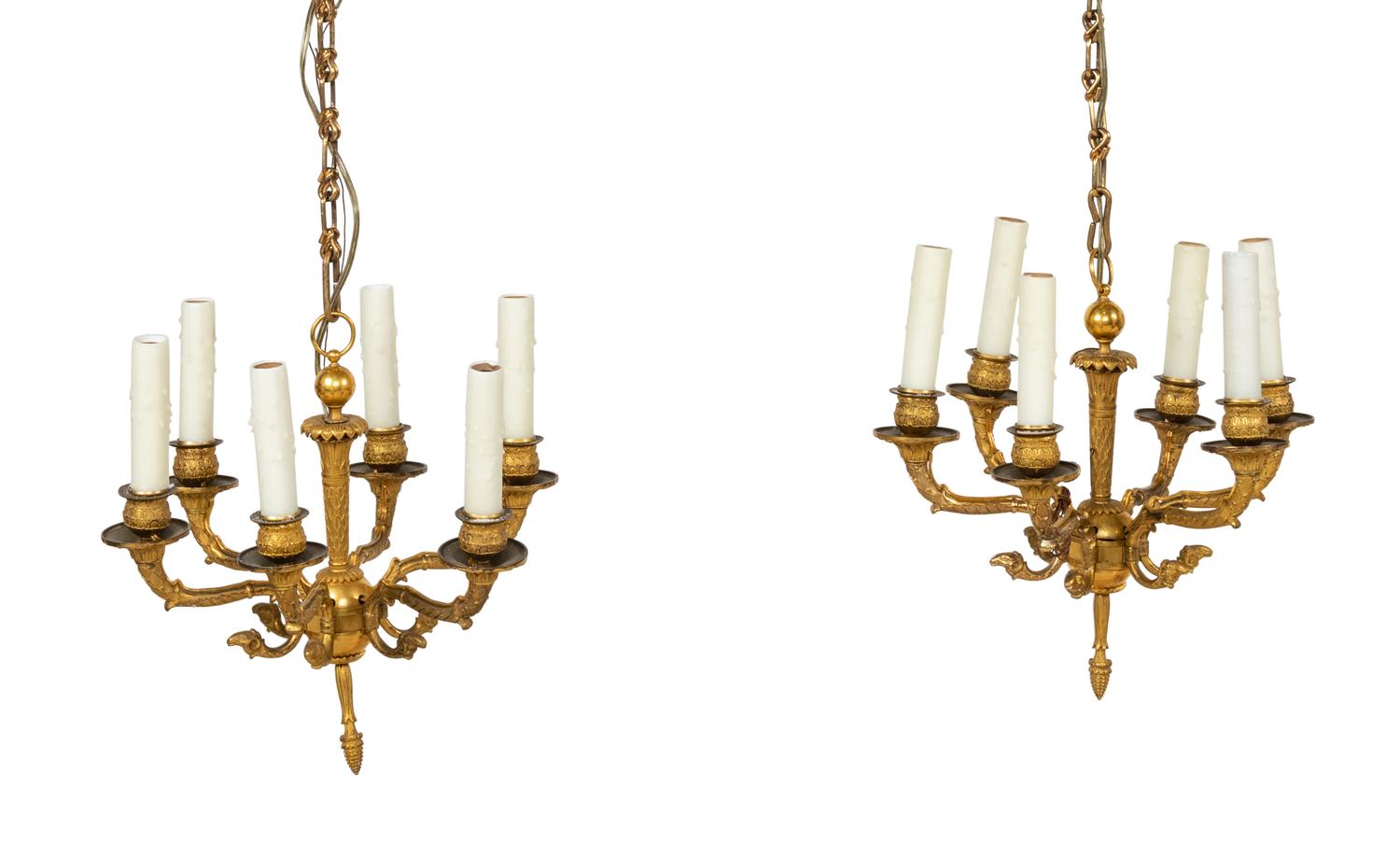 A Pair of Empire Gilt Bronze Six-Light Chandeliers