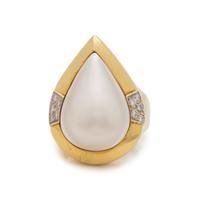 YELLOW GOLD, CULTURED MABE PEARL AND DIAMOND RING